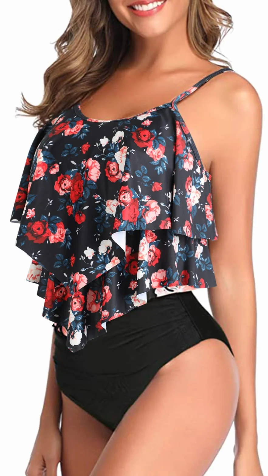 Genfien Damski dwuczęściowy strój kąpielowy z falbankami i wysokim stanem Push Up Bikini Vintage Bikini Set