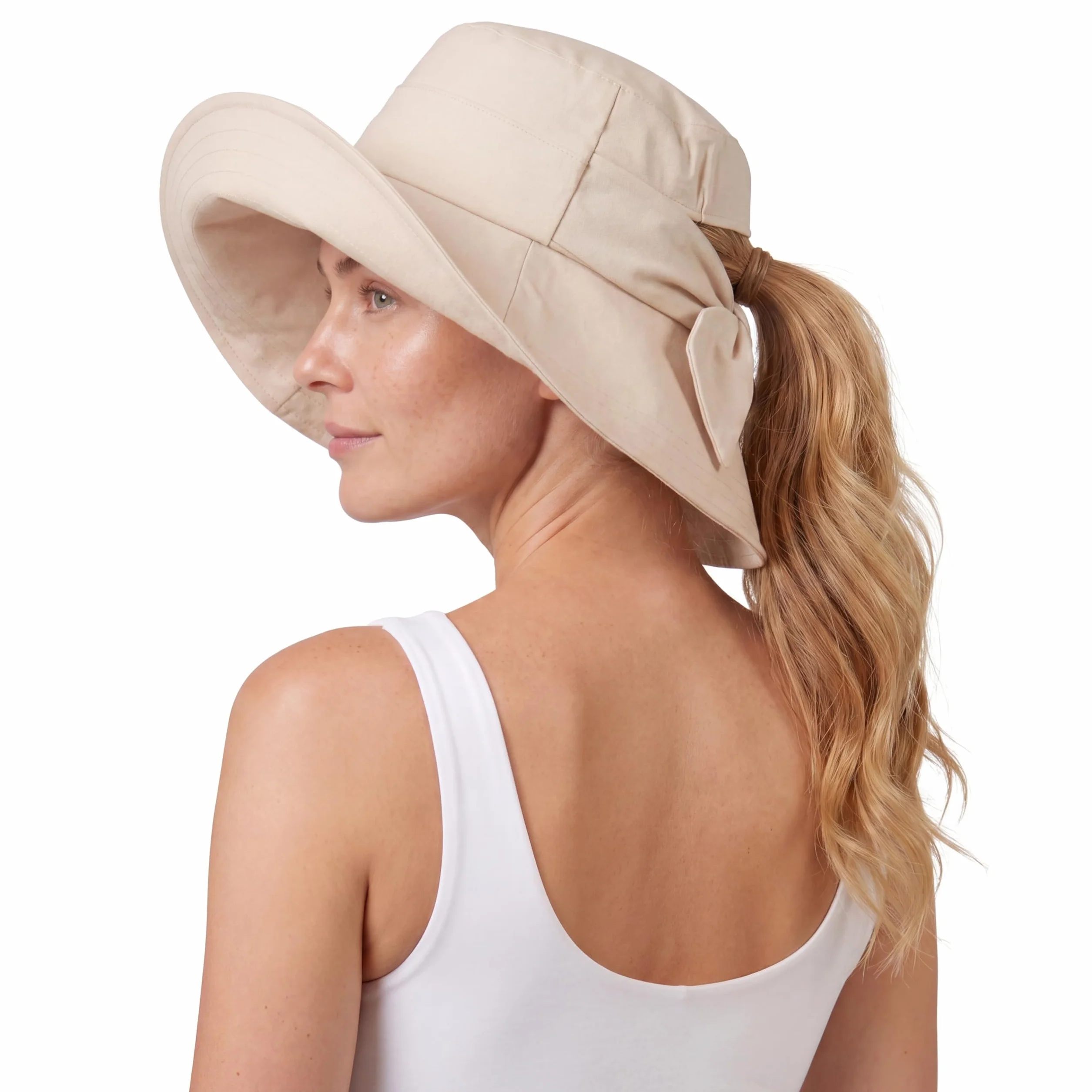 Comhats ChicPony™ damski kapelusz przeciwsłoneczny z szerokim rondem, ochrona przed promieniowaniem UV, kapelusz damski, na lato, składany, bawełna, len, kapelusz plażowy