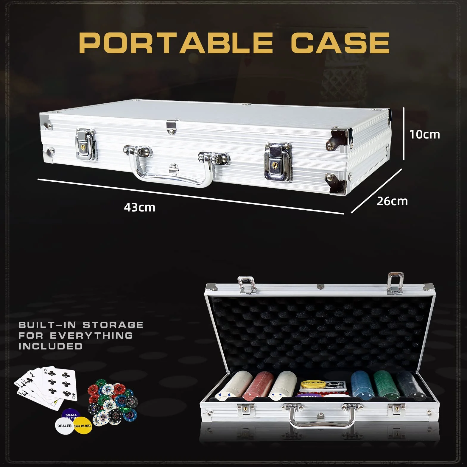 CCLIFE Zestaw żetonów do pokera, 360/600 żetonów kasynowych w aluminiowym futerale, 2 talie kart do gry, 5 kostek, 3 przyciski DEALER.