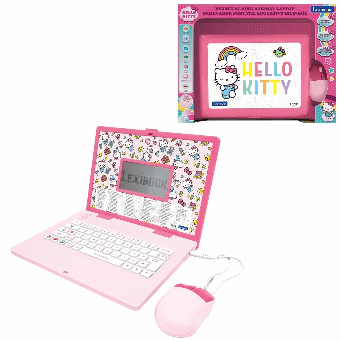 LEXIBOOK, Hello Kitty, dwujęzyczne przenośne urządzenie edukacyjne, angielski/hiszpański, 164 zajęcia językowe, pisanie, matematyka, logika, muzyka i gry, dla chłopców i dziewcząt, JC598HKi2