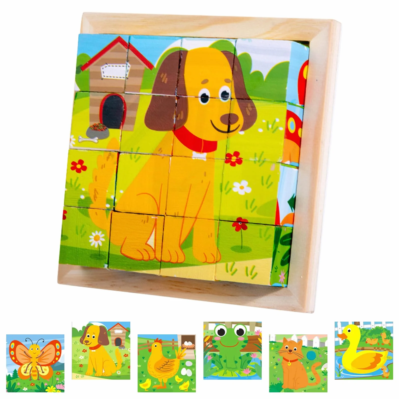 Montessori puzzle drewniane, kostki obrazkowe 3D, puzzle 6 w 1, zabawka edukacyjna, drewniana zabawka dla dzieci od 1, 2, 3, 4 lat, Montessori układanie w stos dla dzieci, chłopców i dziewczynek