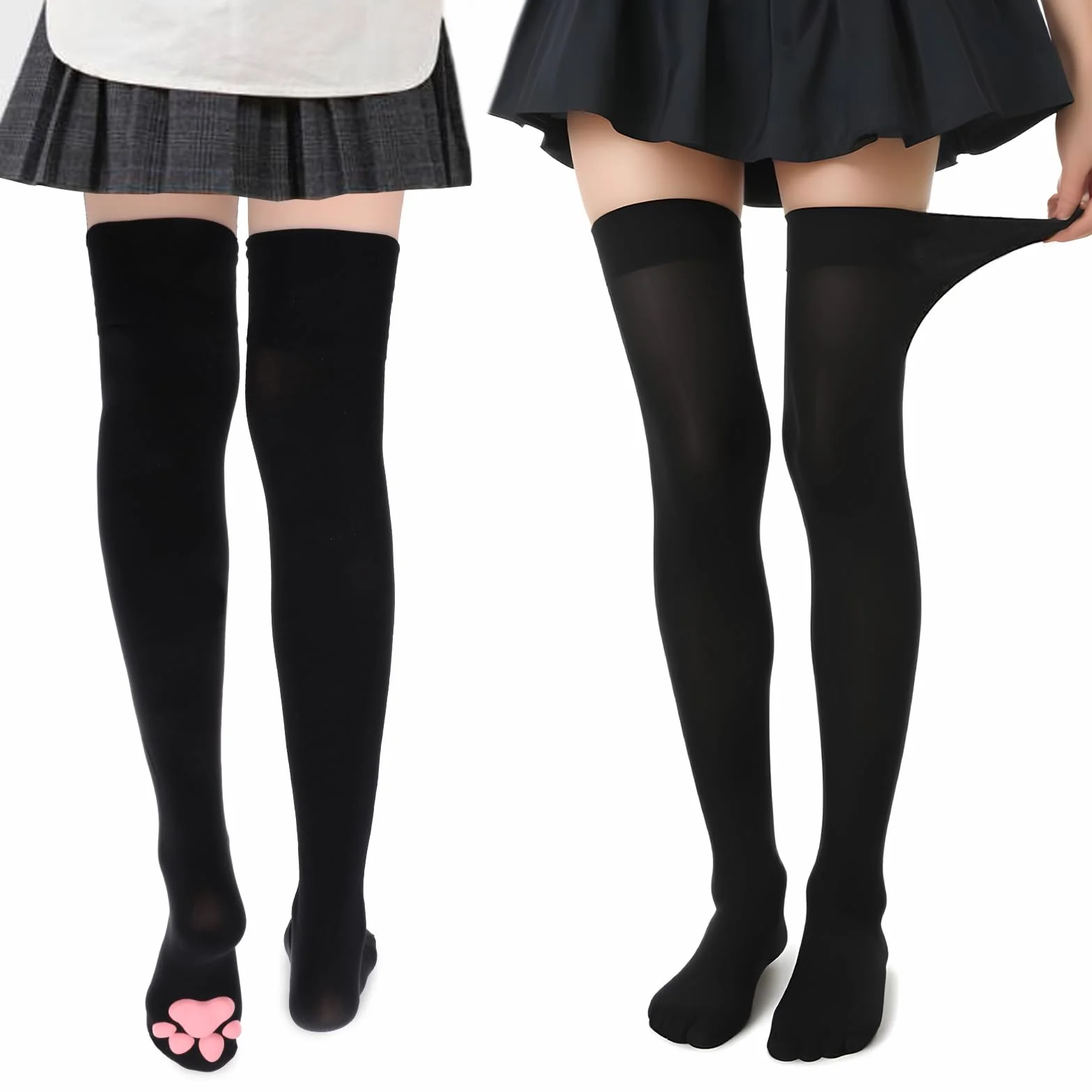 Lusofie Skarpety z łapą kota dla kobiet urocze wysokie skarpety do ud Kawaii miękkie 3D skarpety z łapą kota do kostek skarpety do kolan do cosplayu na Halloween, Czarny, Medium-Large