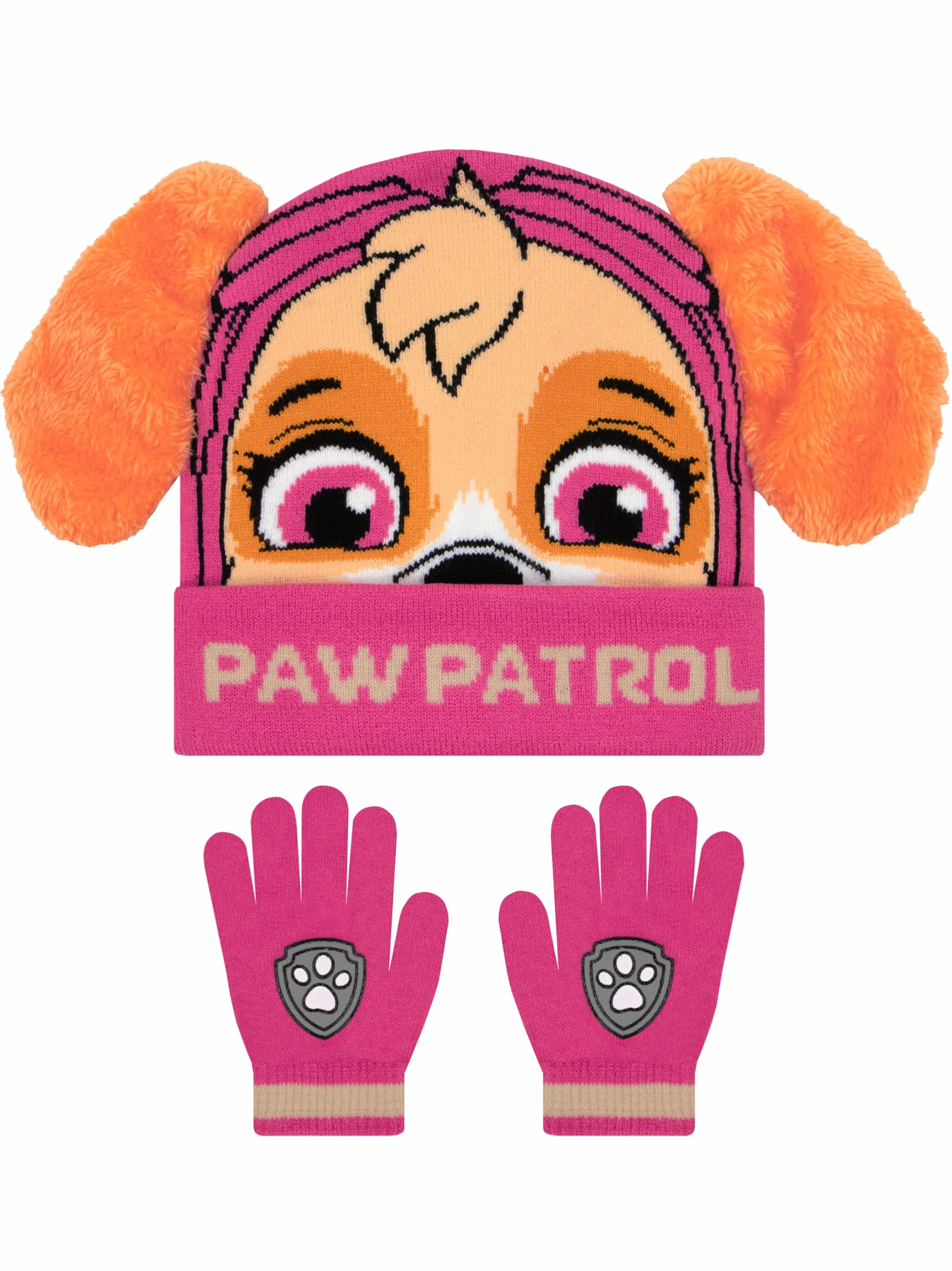 PAW Patrol Zestaw Czapka i Rękawiczki dla Dzieci, Skye Dziewczęca Czapka i Rękawiczki z Uszami 3D, Różowa, Rozmiar Uniwersalny