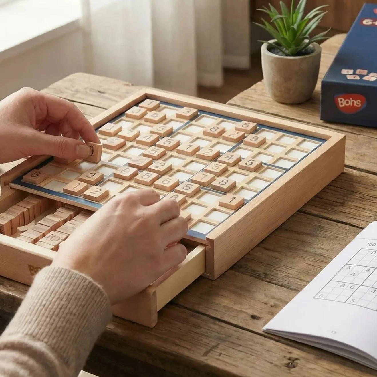 BOHS Gioco da Tavolo in Legno Sudoku con cassetto - con Il Libro di 100 Puzzle di Sudoku - Math Desktop Rompicapo Giocattoli da Tavolo