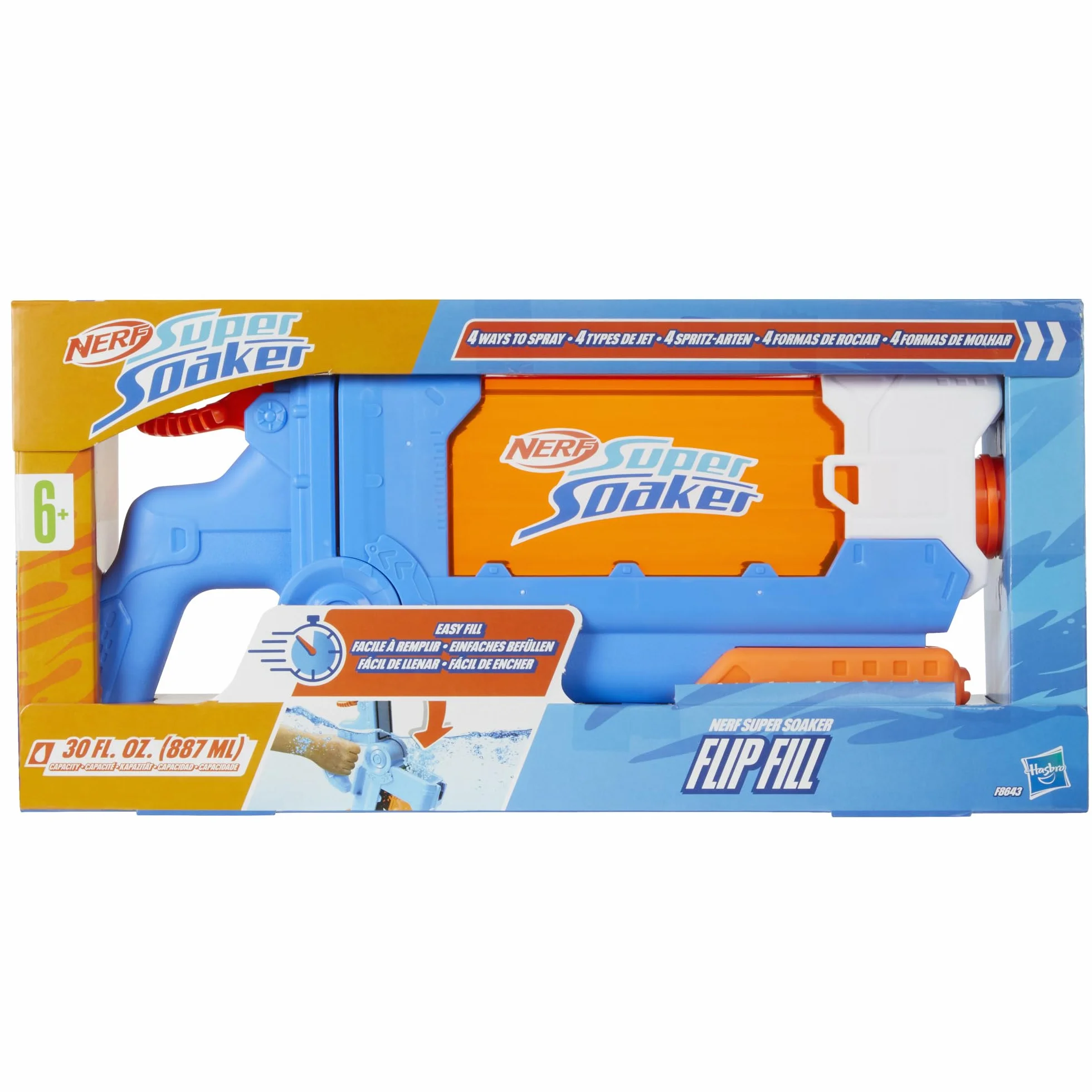 NERF Wyrzutnia wodna Nerf Super Soaker Flip Fill, 4 style polewania, szybkie napełnianie, zbiornik o pojemności 887 ml, wodne zabawki
