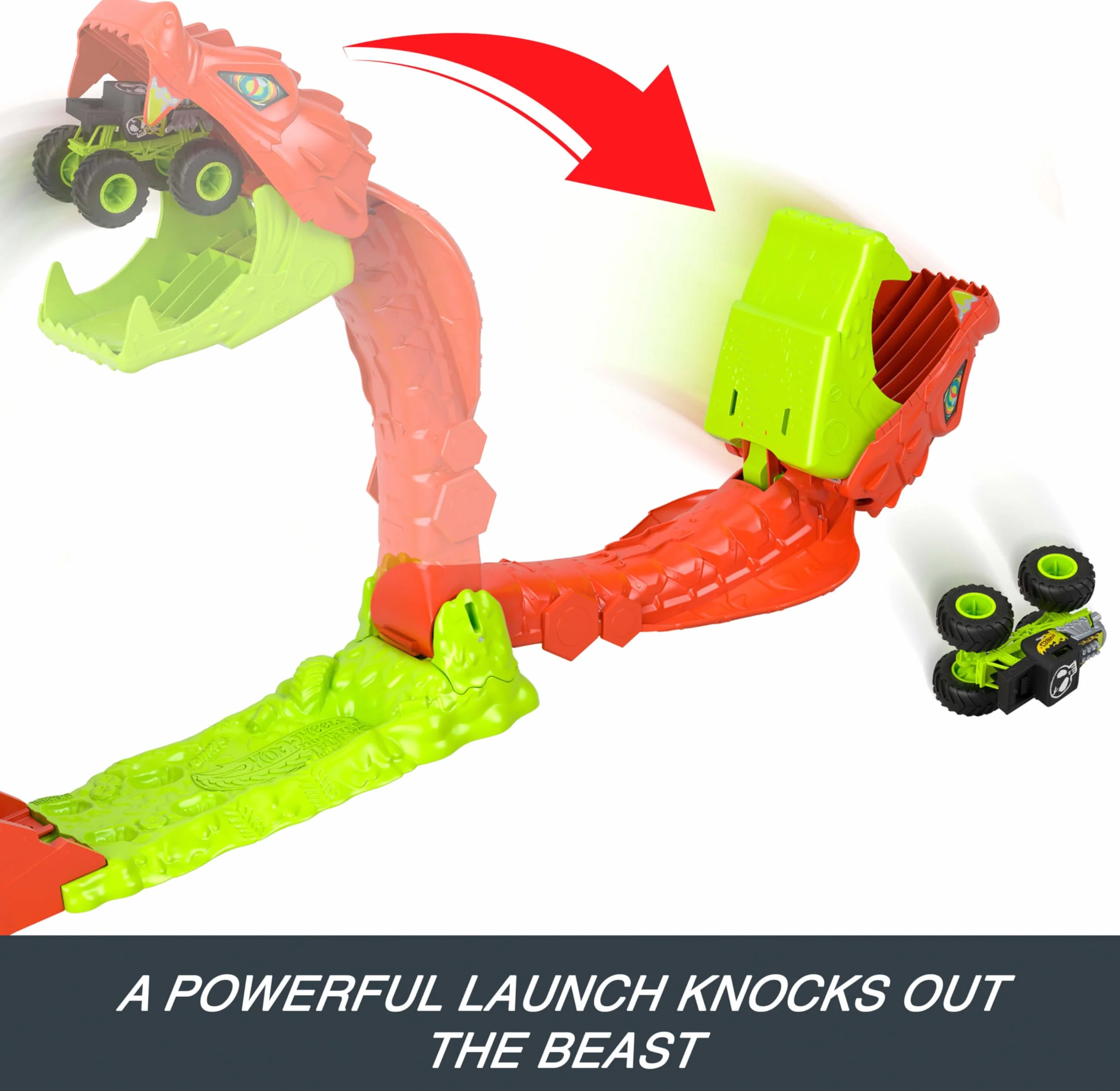Hot Wheels Monster Trucks Mega skok – Nokaut węża Zestaw, pojazd zabawka auto Bone Shaker w skali 1:64, tor wyścigowy, zabawka dla dzieci 4+, JJN44
