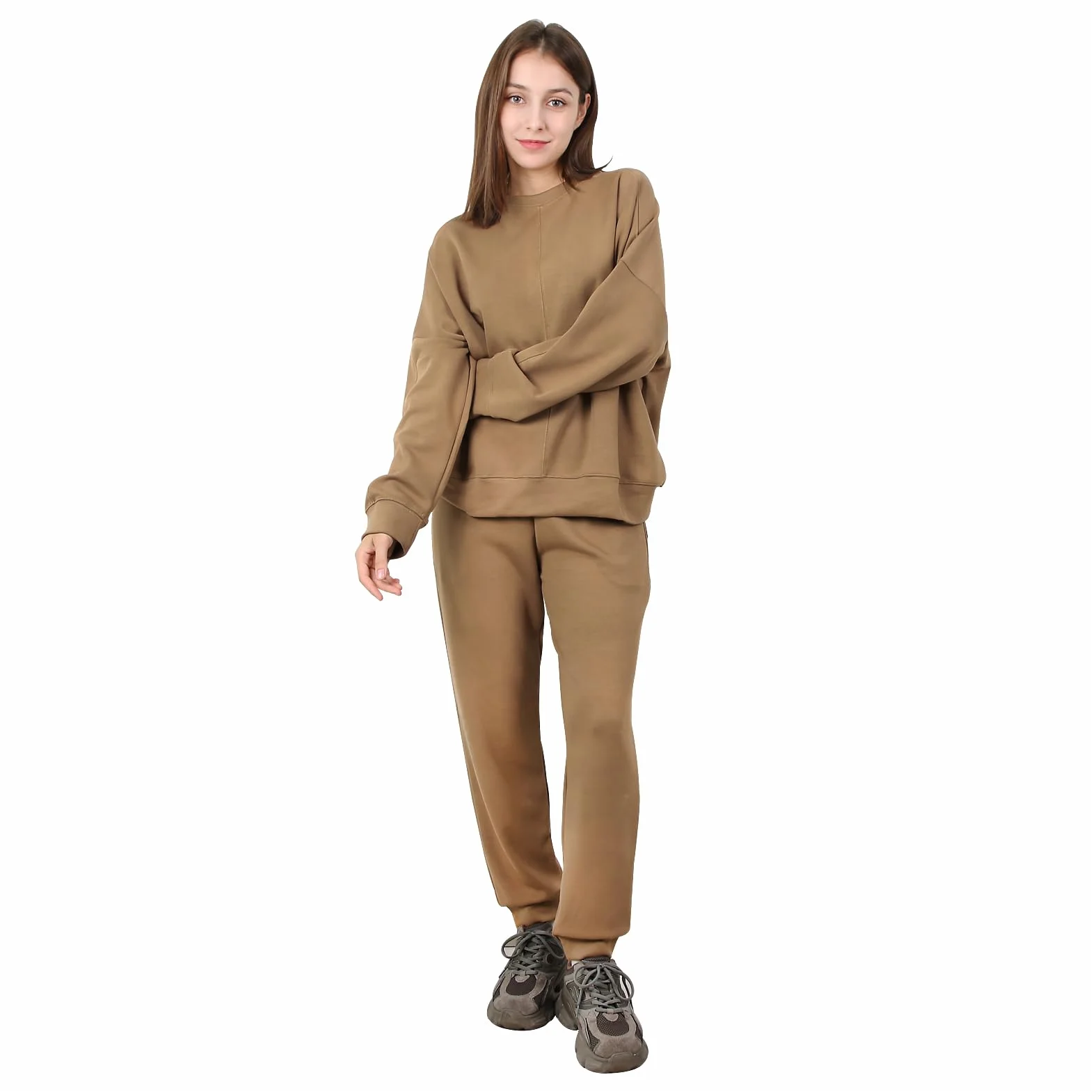 Damski dres treningowy z okrągłym dekoltem, dres do biegania z długimi rękawami, jednokolorowy, miękki, dwuczęściowy zestaw odzieży sportowej