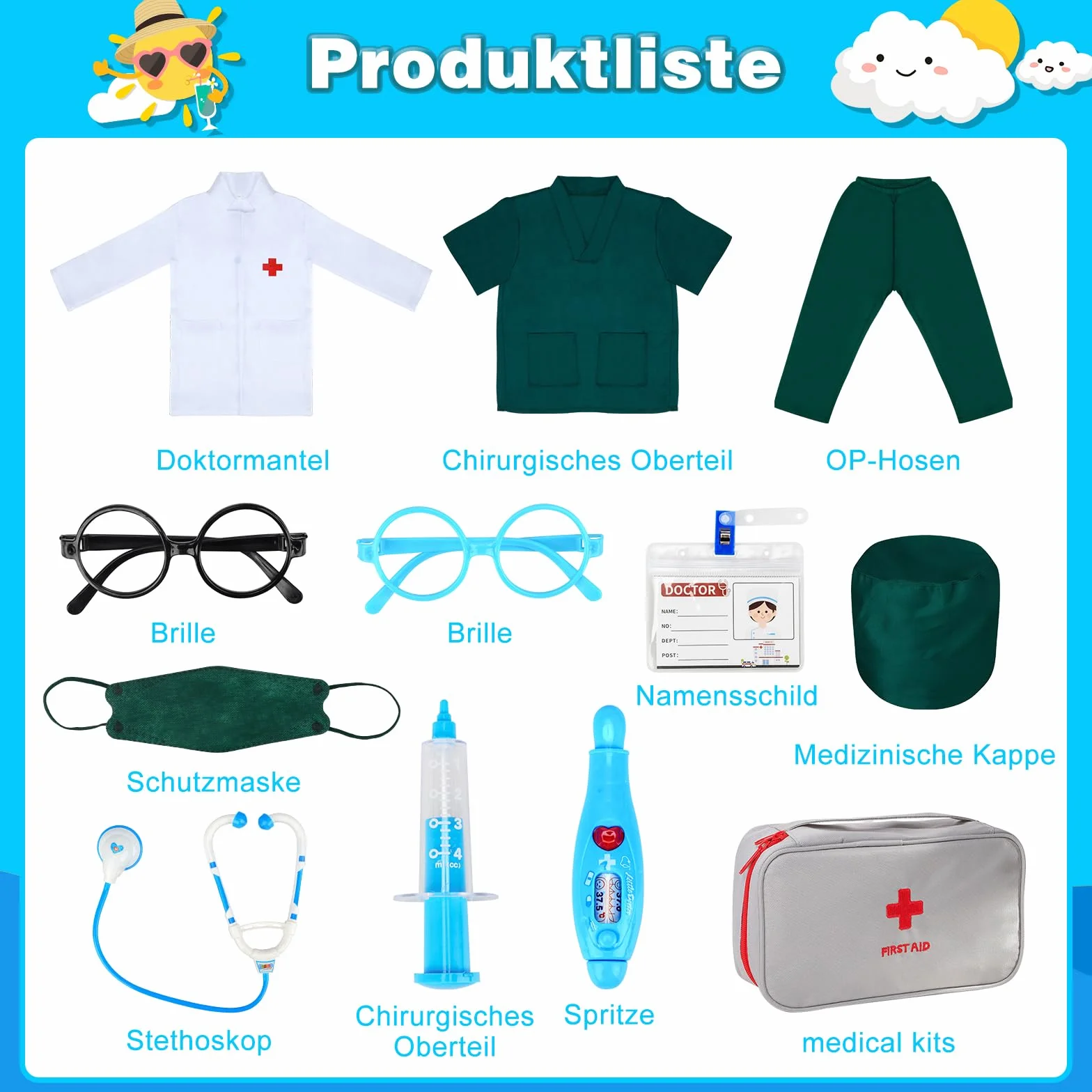Kostium lekarza dla dzieci, biały, fartuch lekarski dla dzieci, uniseks, długi rękaw, fartuch laboratoryjny, górna część i spodnie ze stetoskopem, zestaw zabawek dla chłopców i dziewczynek, zestaw