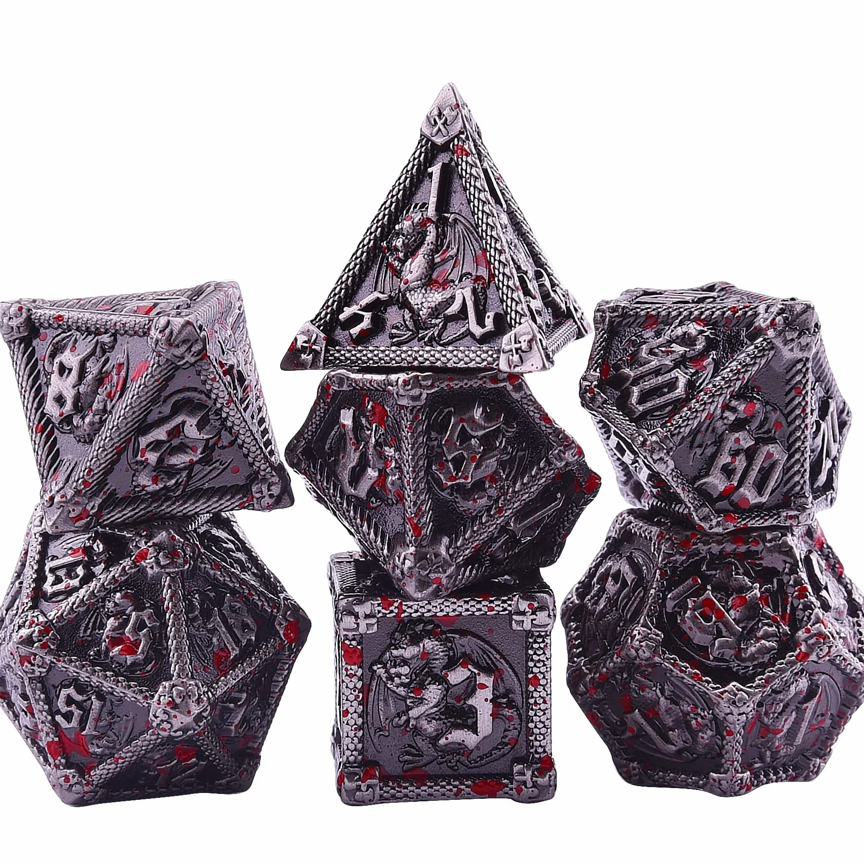 SIQUK 7-matrycowe metalowe kości do kości wielościennych DND z pudełkiem D20, D12, D10, D%, D8, D6, D4, zestaw do gry w lochy i smoki, RPG, MTG, gry planszowe (antyczne żelazo z rozpryskami krwi)