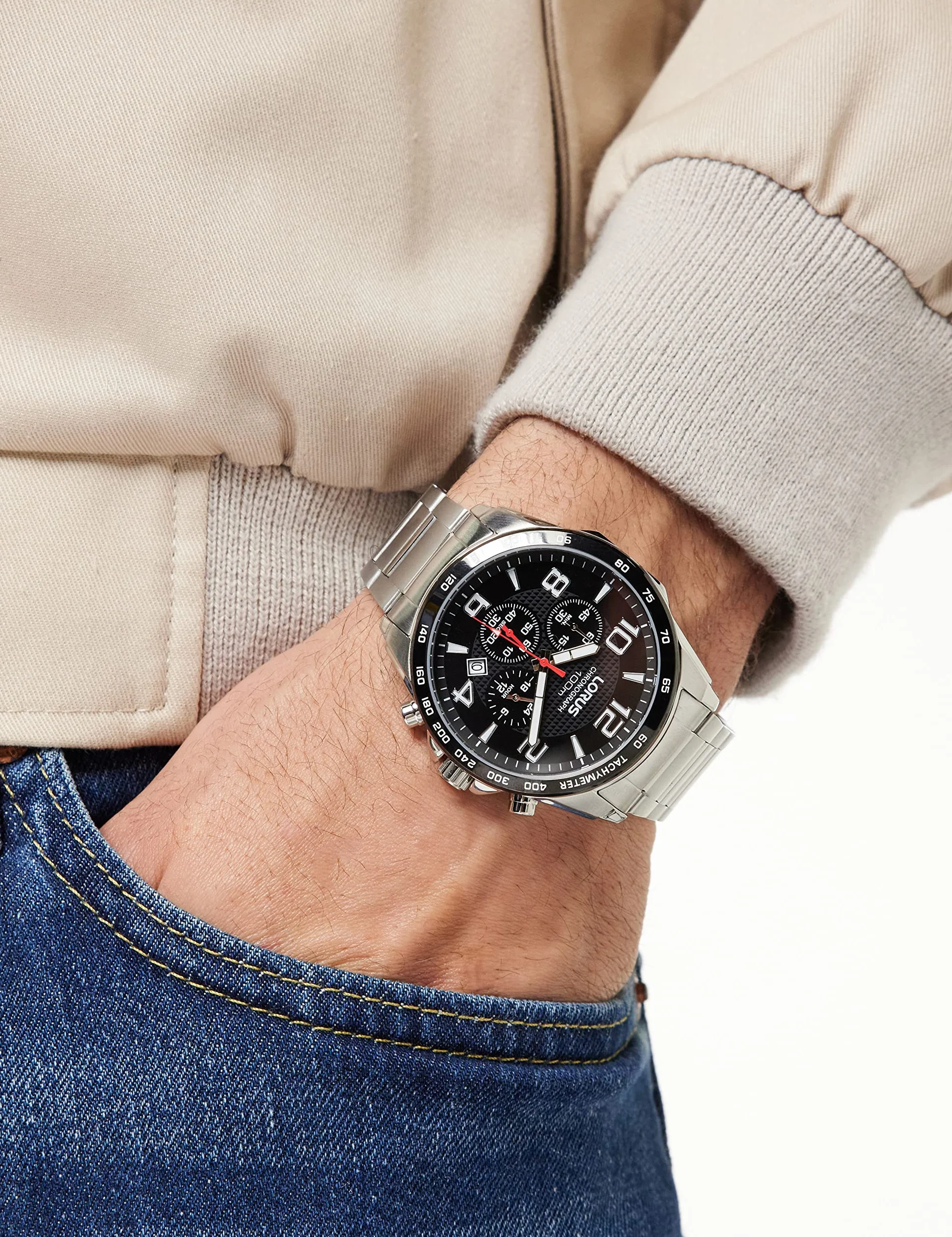 Lorus Mężczyźni Sport Zegarek, Srebrny/Czarny, 44 mm