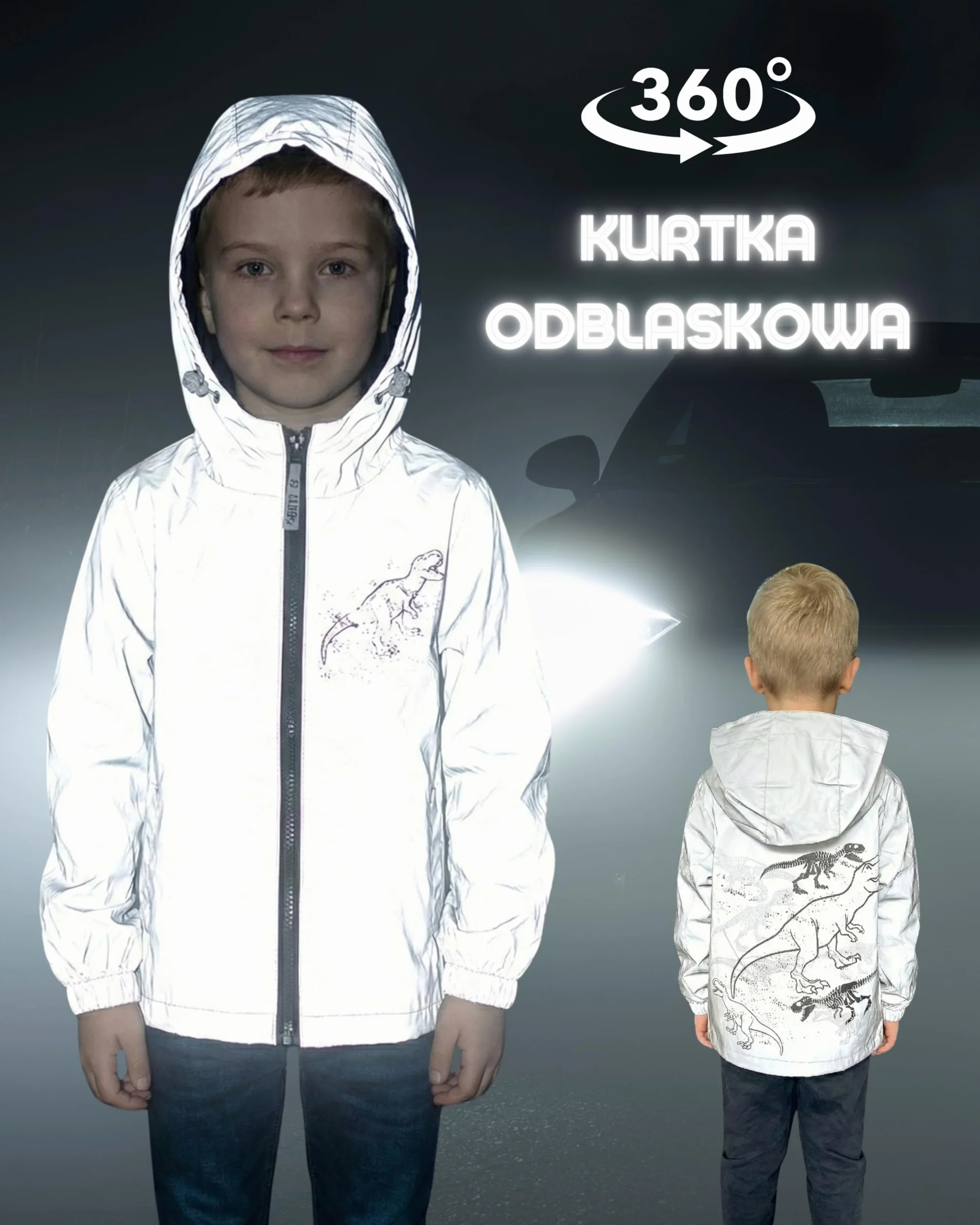 HECKBO kurtka przeciwdeszczowa i wiatroszczelna dla chłopców z motywem dinozaura – materiał odblaskowy – wiek 3–6 lat – wodoodporna i wiatroszczelna