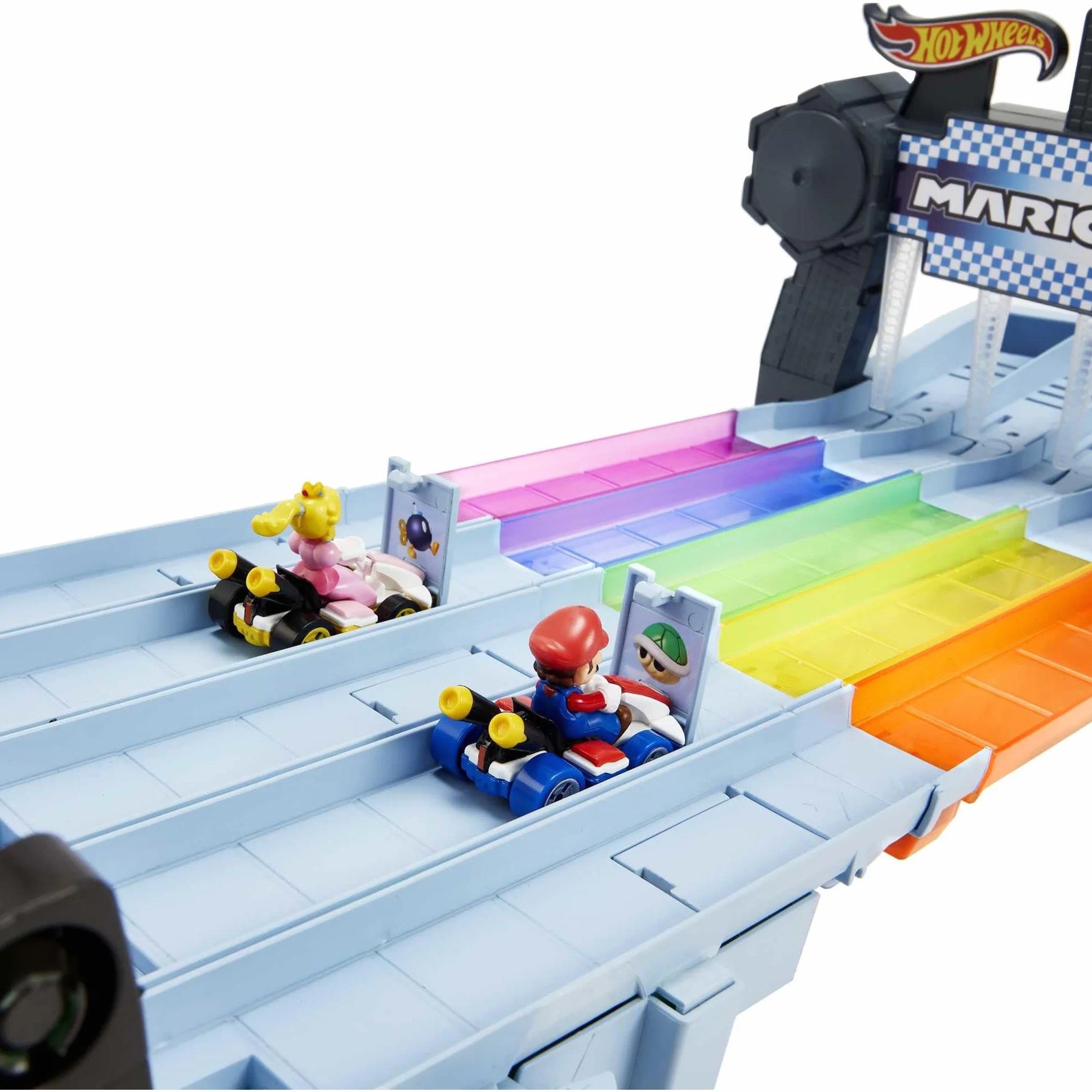 Hot Wheels Gxx41 - Tor Wyścigowy Mario Kart Rainbow Boulevard Z 2 Opcjami Montażu, Zestaw Torów O Długości 2,5 Metra, 2 pojazdy W Skali 1:64, Tor Wyścigowy Samochodzików od 4 Lat