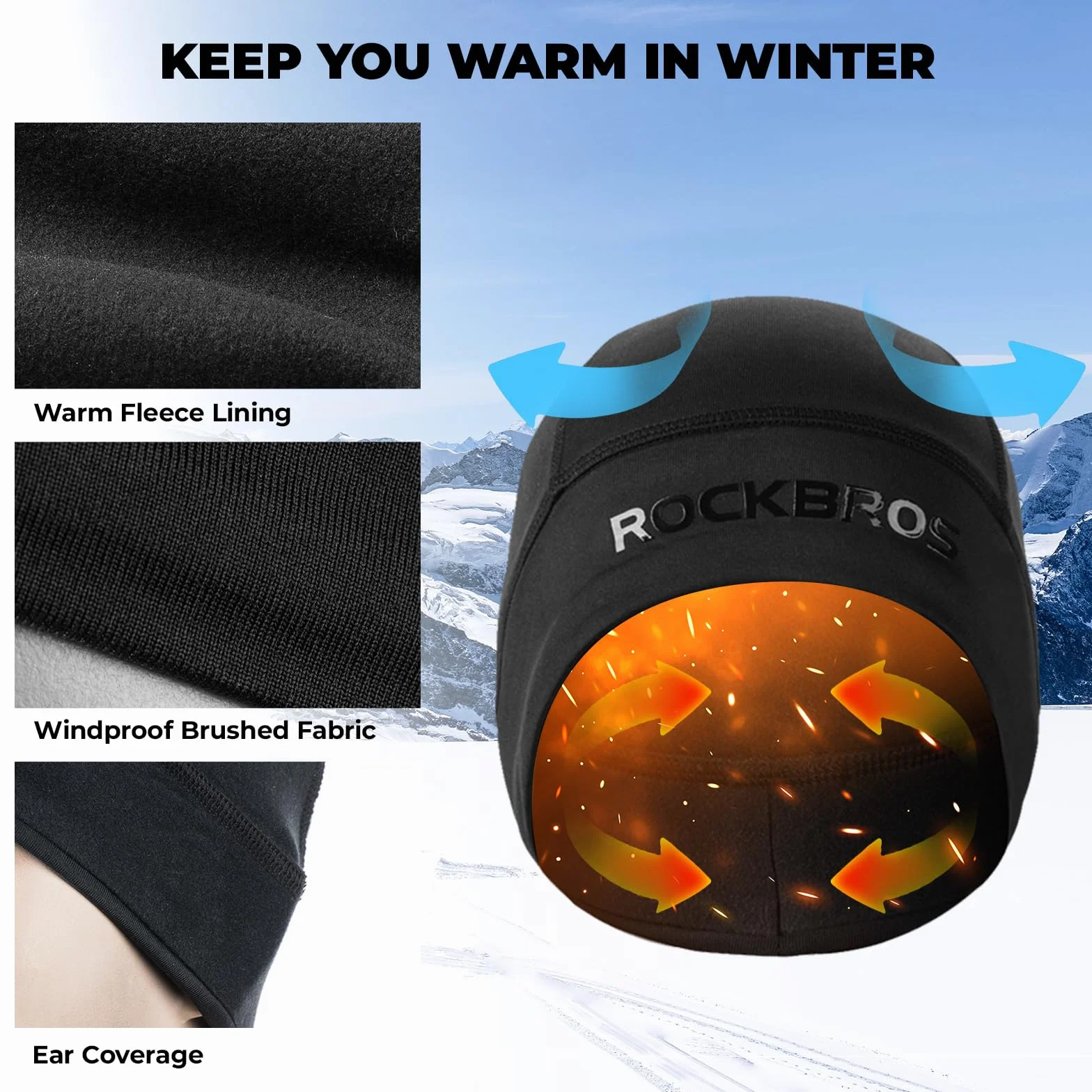 ROCKBROS Czapka Rowerowa Kask Undercap Czapka Rowerowa Ciepła Wiatroszczelna Czapka Zimowa Czapka Rowerowa do Jazdy na Rowerze Narciarstwo Bieganie Kobiety/Mężczyźni