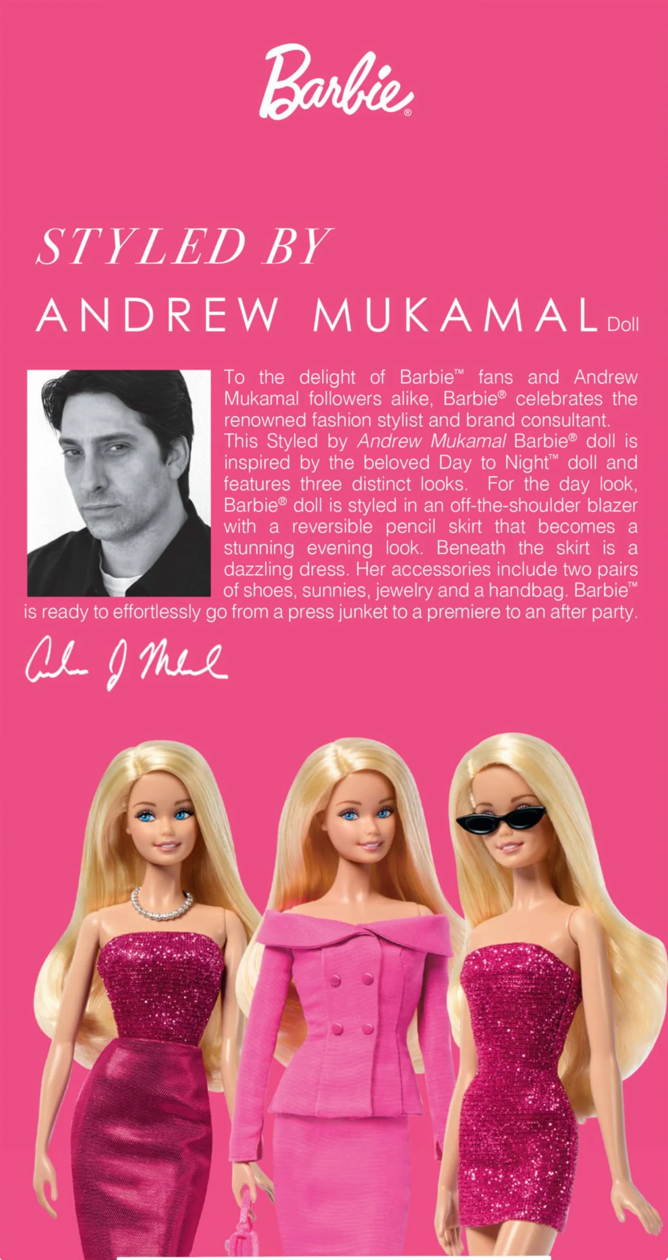Barbie Signature Styled by Andrew Mukamal Lalka kolekcjonerska, 3 stylizacje na dzień i na wieczór, zestaw z akcesoriami i podstawką, JBH81