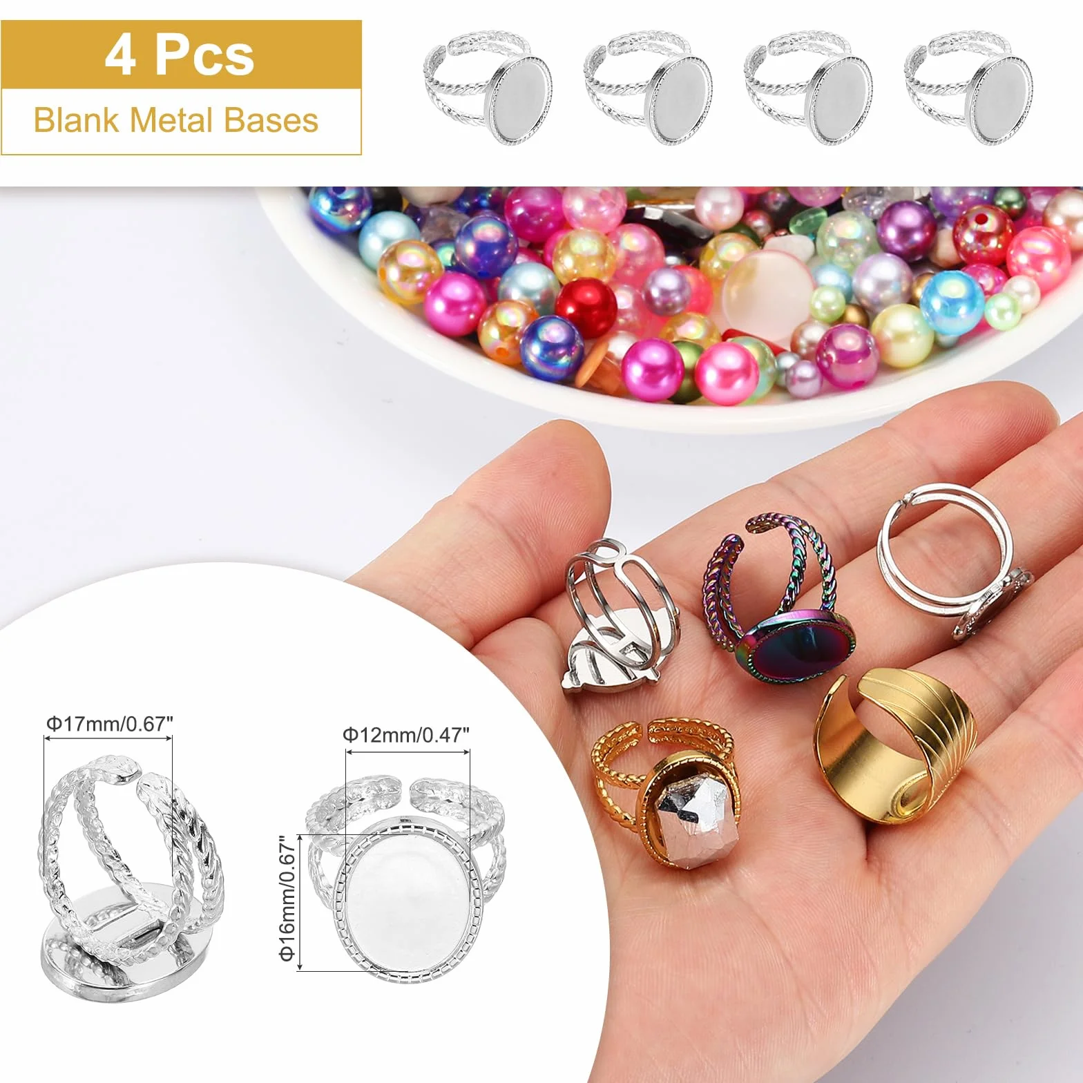 QUARKZMAN 4 sztuki podstawy pierścienia ze stali nierdzewnej, 16 x 12 mm regulowana podstawa dla, płaska rama DIY tworzenie biżuterii, srebrny