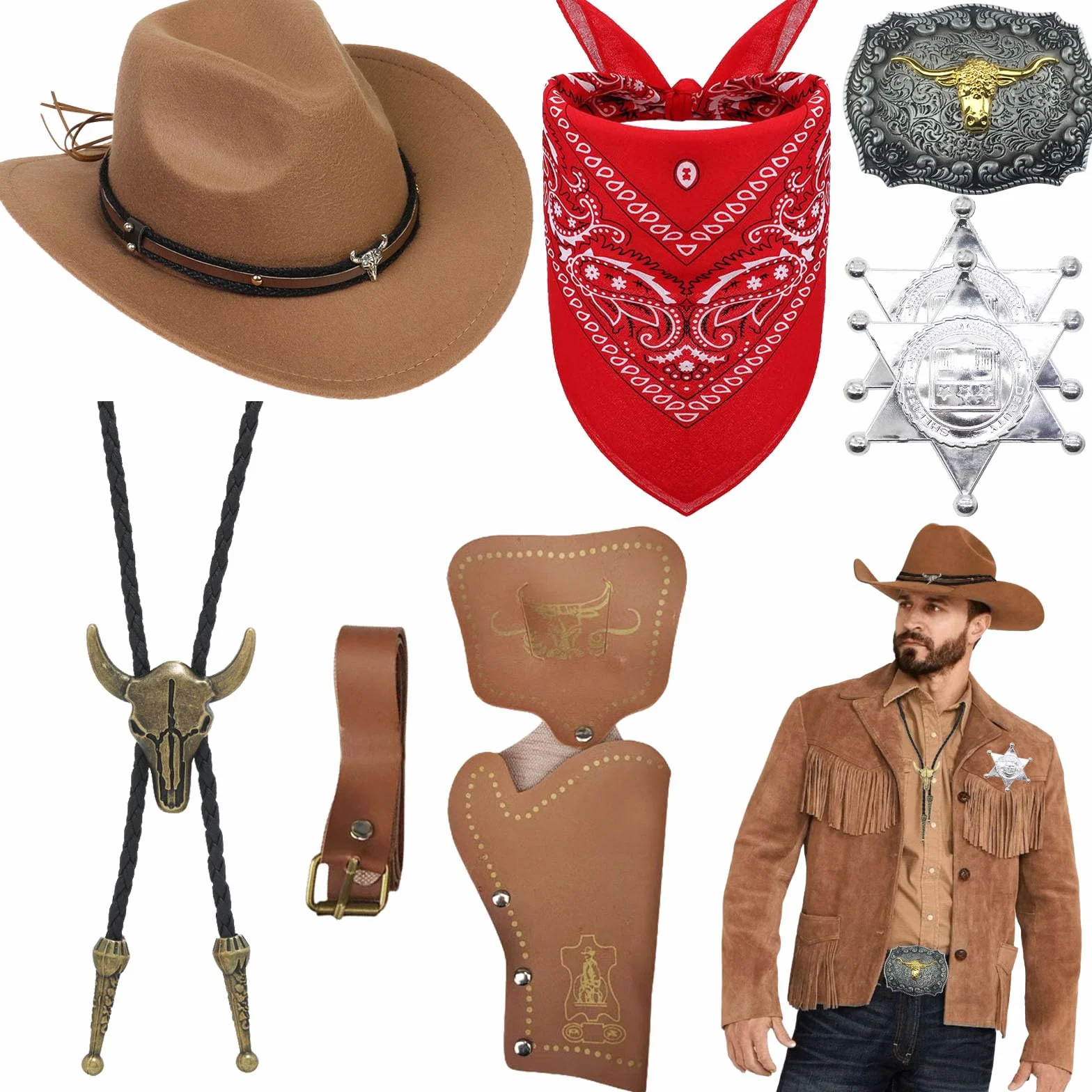 8-częściowy zestaw akcesoriów do kostiumu kowbojskiego, luksusowy zestaw do strojów western z brązowym kapeluszem, paisley bandana, pokrowcem na pistolet, paskiem, sprzączką do bolo