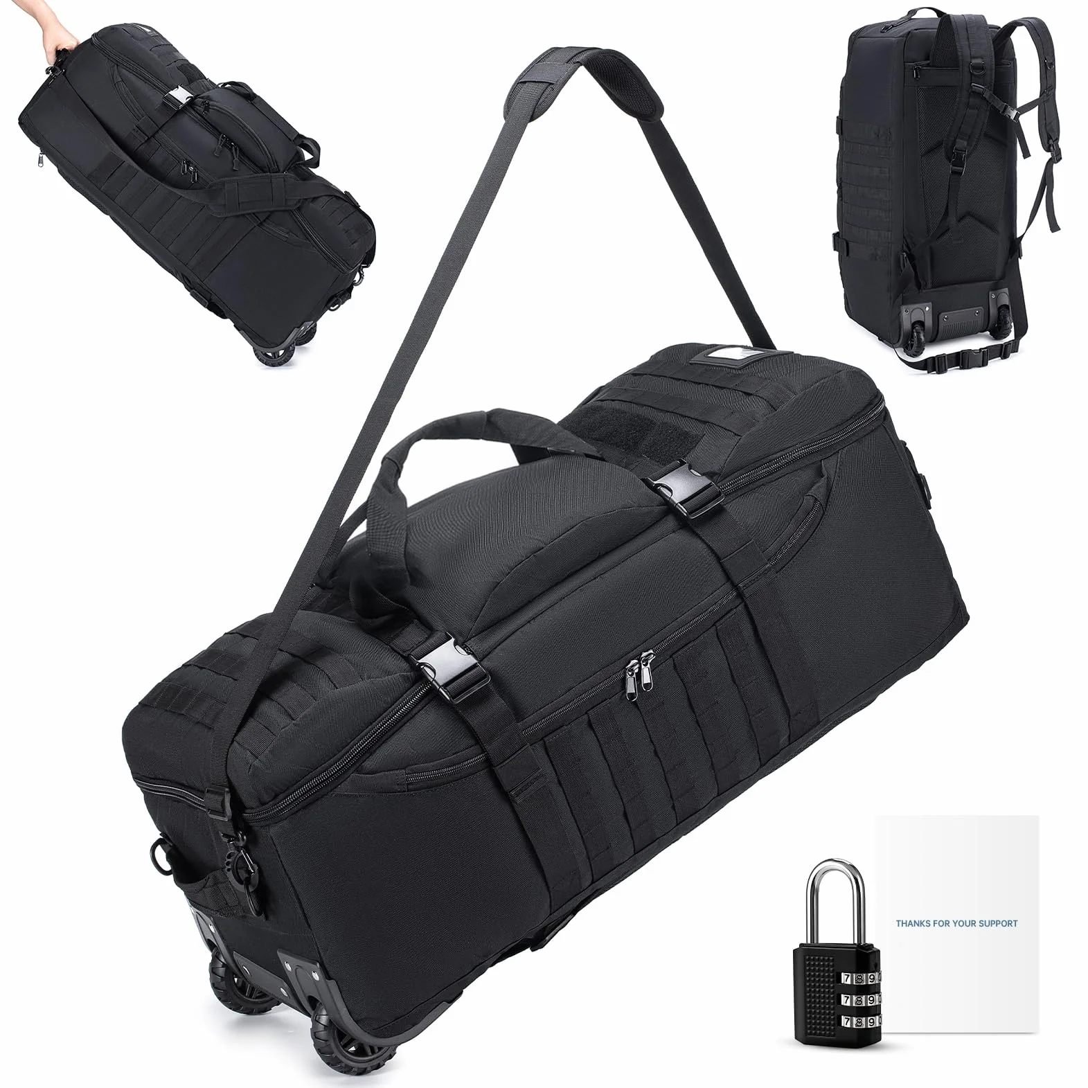 Duża Torba Podróżna 3 W 1 Z Kółkami I Zamkiem Szyfrowym, Pojemność 85 L, Wymiary 78x36x30cm Wodoodporny Plecak Podróżny XL Plecak Wojskowy Z Uchwytami, Idealny Na Podróże, Czarny