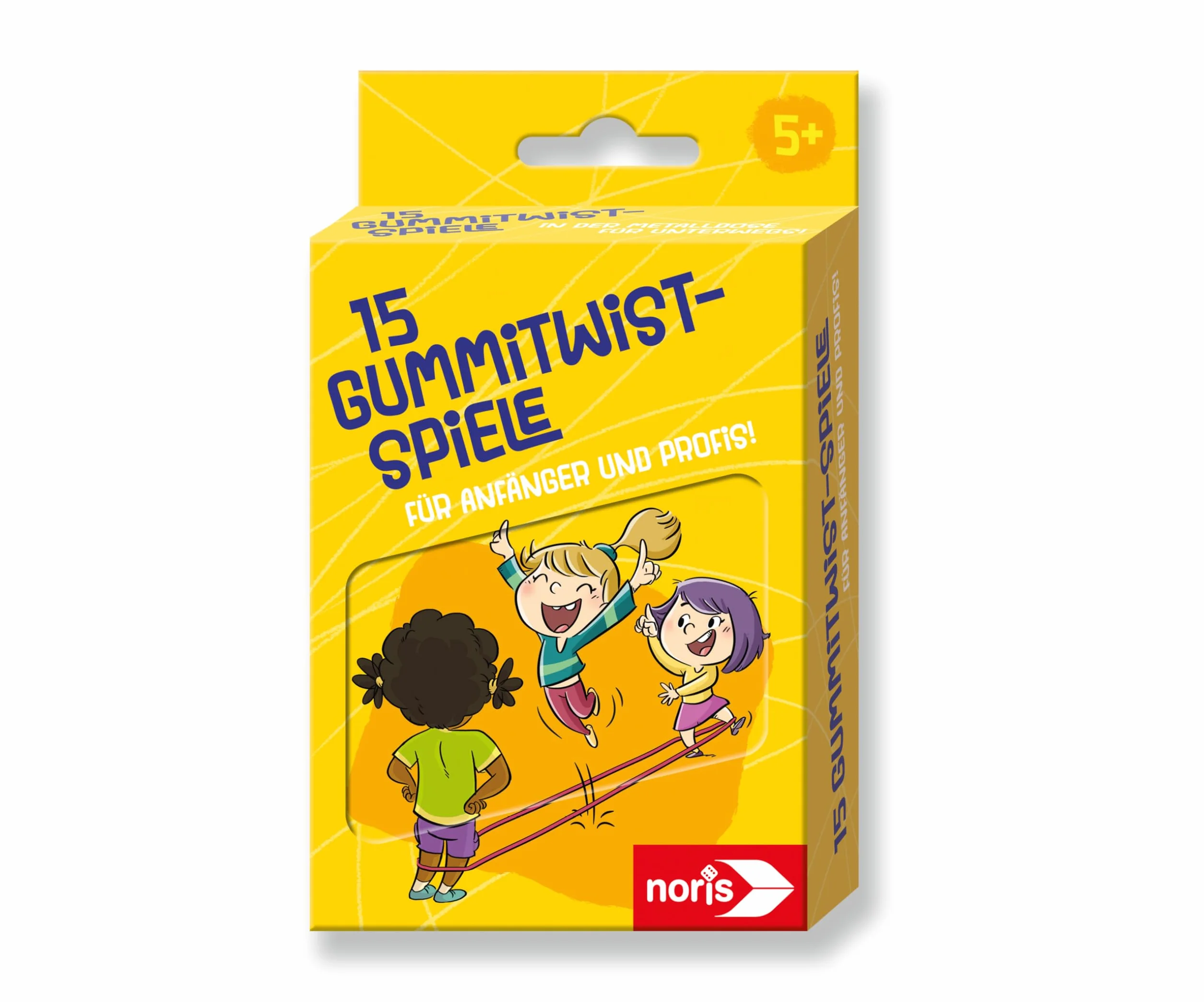 noris 606092104-15 Gummitwist gry dla dzieci od 5 lat – zestaw składający się z kolorowej gumy do skakania i instrukcji gry w blaszanej puszce dla 3 graczy, zabawka outdoorowa dla początkujących i