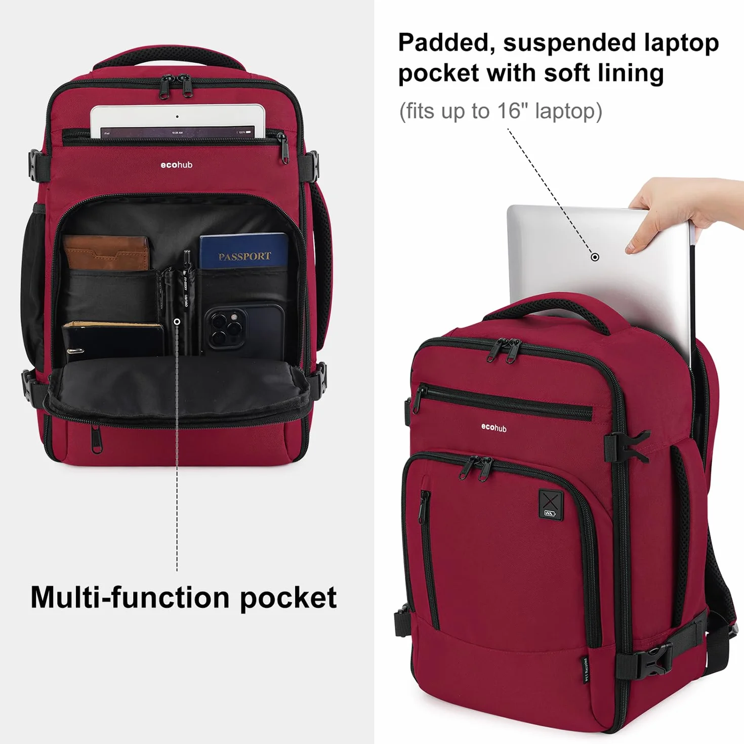 ECOHUB Ryanair Torba kabinowa 40x20x25 Plecak na bagaż podręczny Recyklingowany PET Eco Friendly Torba pod siedzenie 20L Patented(Czerwony)