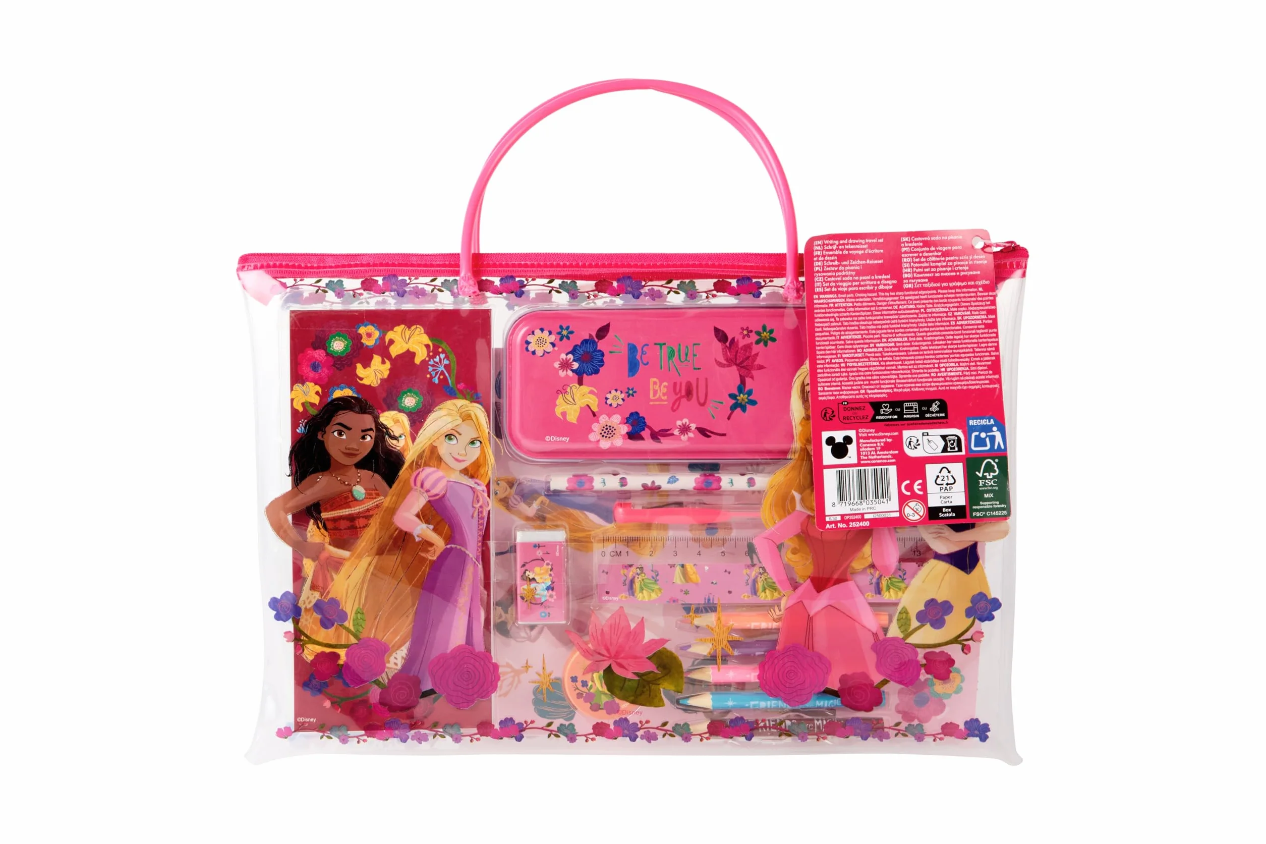 Disney Princess Travel Zestaw do pisania i rysowania Vaiana, Kopciuszek i Roszpunka | Kreatywny zestaw do rysowania i rysowania dla dzieci z piórnikiem, długopisami i liśćmi do kolorowania |