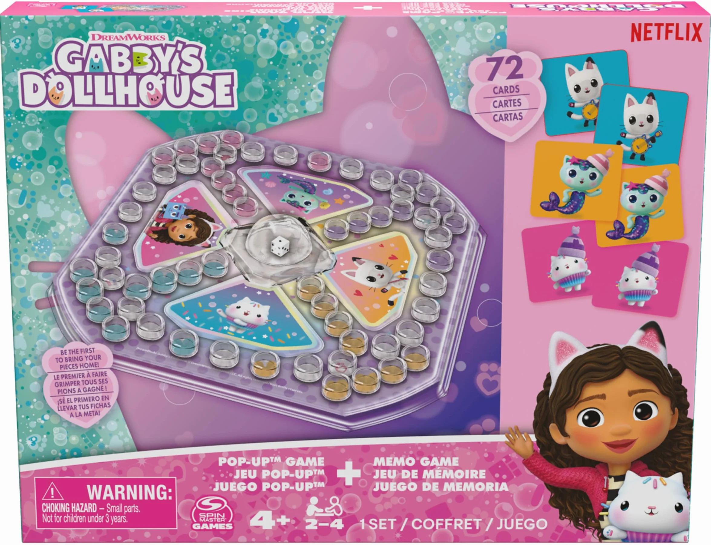 Gabby's Dollhouse Sorry Pop Up i Memo gra – dwie klasyczne gry w jednym zestawie, Sorry (Pachisi) z kostką pop-up i 72 kartami memo z popularnymi postaciami Gabby, od 4 lat, dla 2-4 graczy