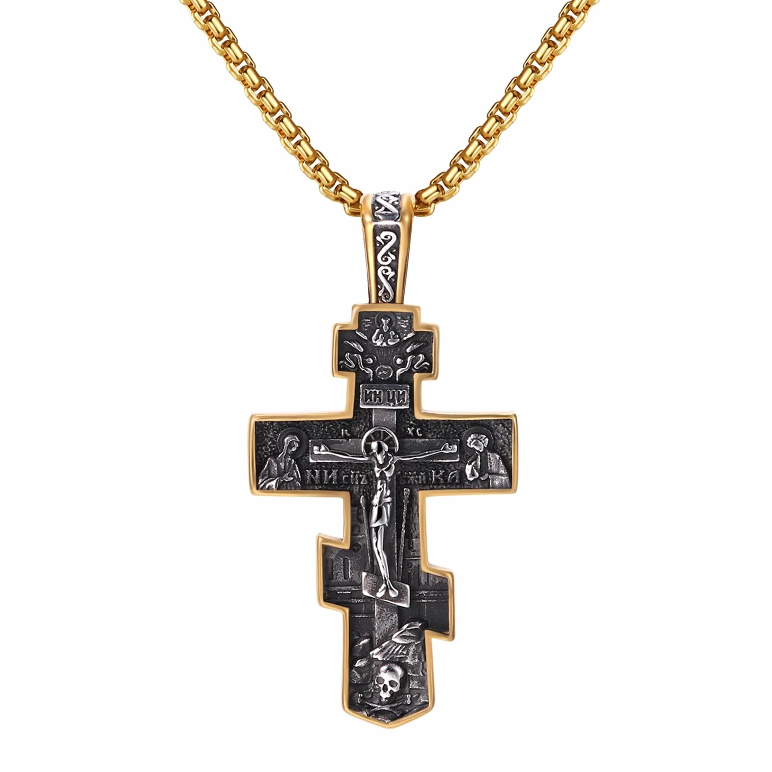 JewelryWe Biżuteria męska zawieszka łańcuszek ze stali nierdzewnej duży katolicki Jezus Chrystus INRI krucyfiks krzyż wisiorek z łańcuszkiem weneckim 55 cm srebrny/złoty