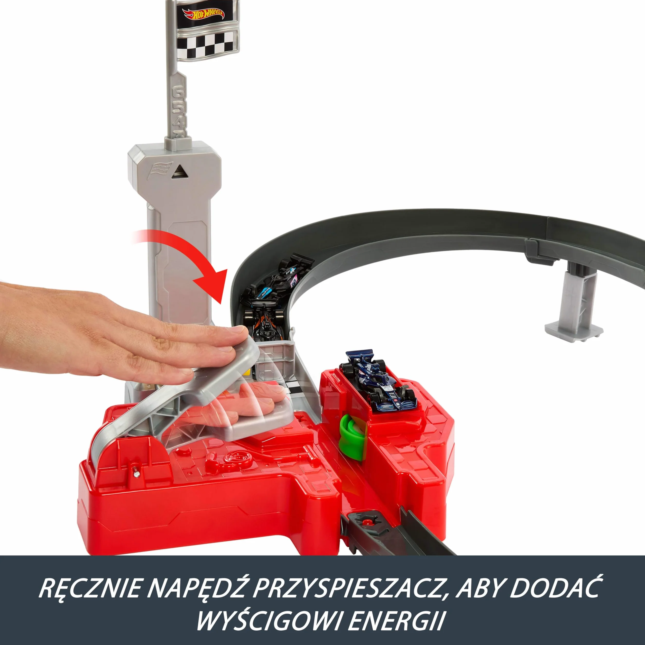 Hot Wheels Racing Formuła 1 Tor wyścigowy Sprint F1 Zestaw do zabawy + 3 metalowe samochody zabawki w skali 1:64 drużyn McLaren, Alpine i VCARB, zabawka dla dzieci 4+, JDY15