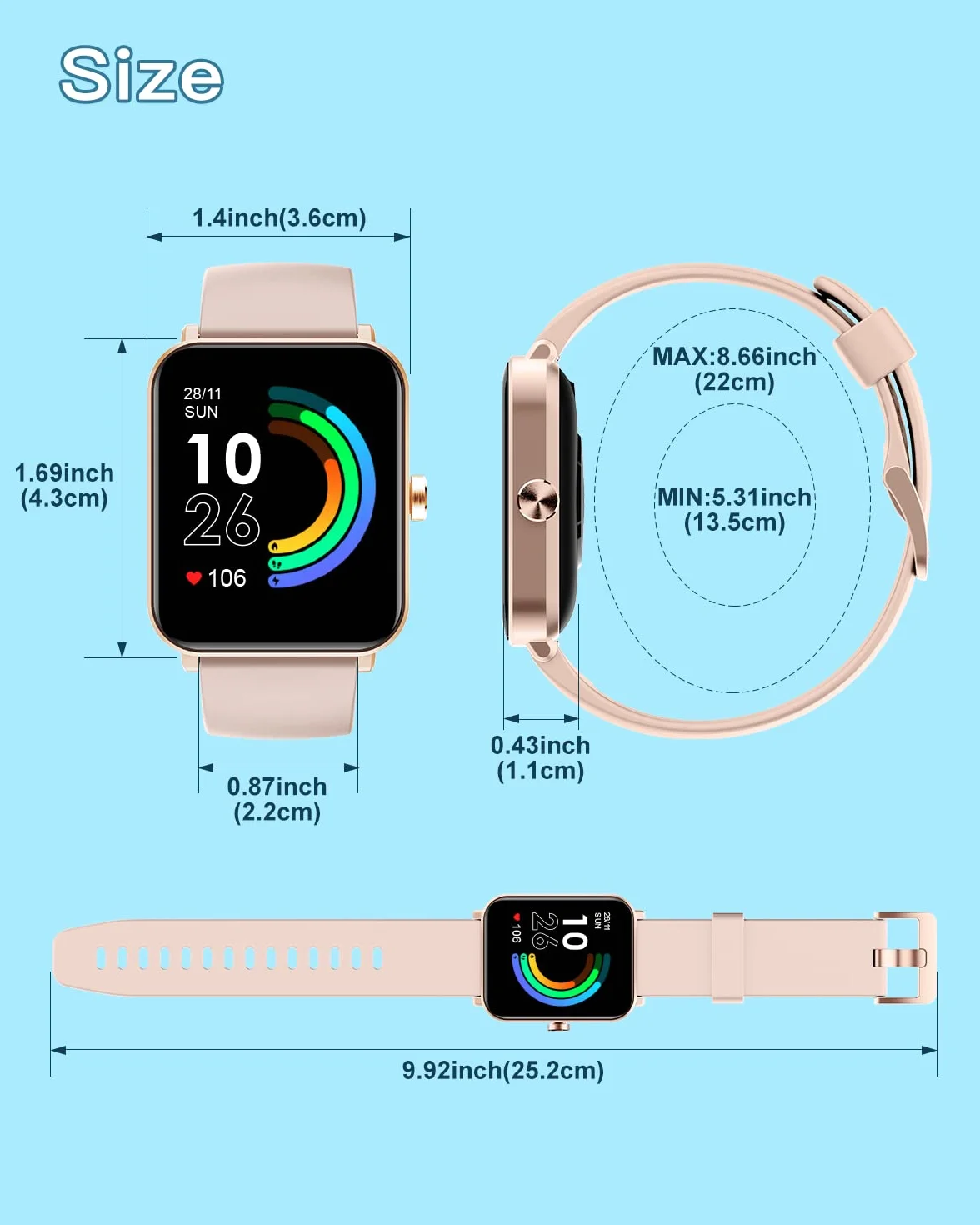 HUAKUA Smartwatch dla kobiet i mężczyzn, 1,69 cala, ekran dotykowy HD, zegarek fitness z monitorowaniem SpO2, pulsometrem, monitorem snu, krokomierzem, zegarkiem, wieloma trybami treningowymi dla