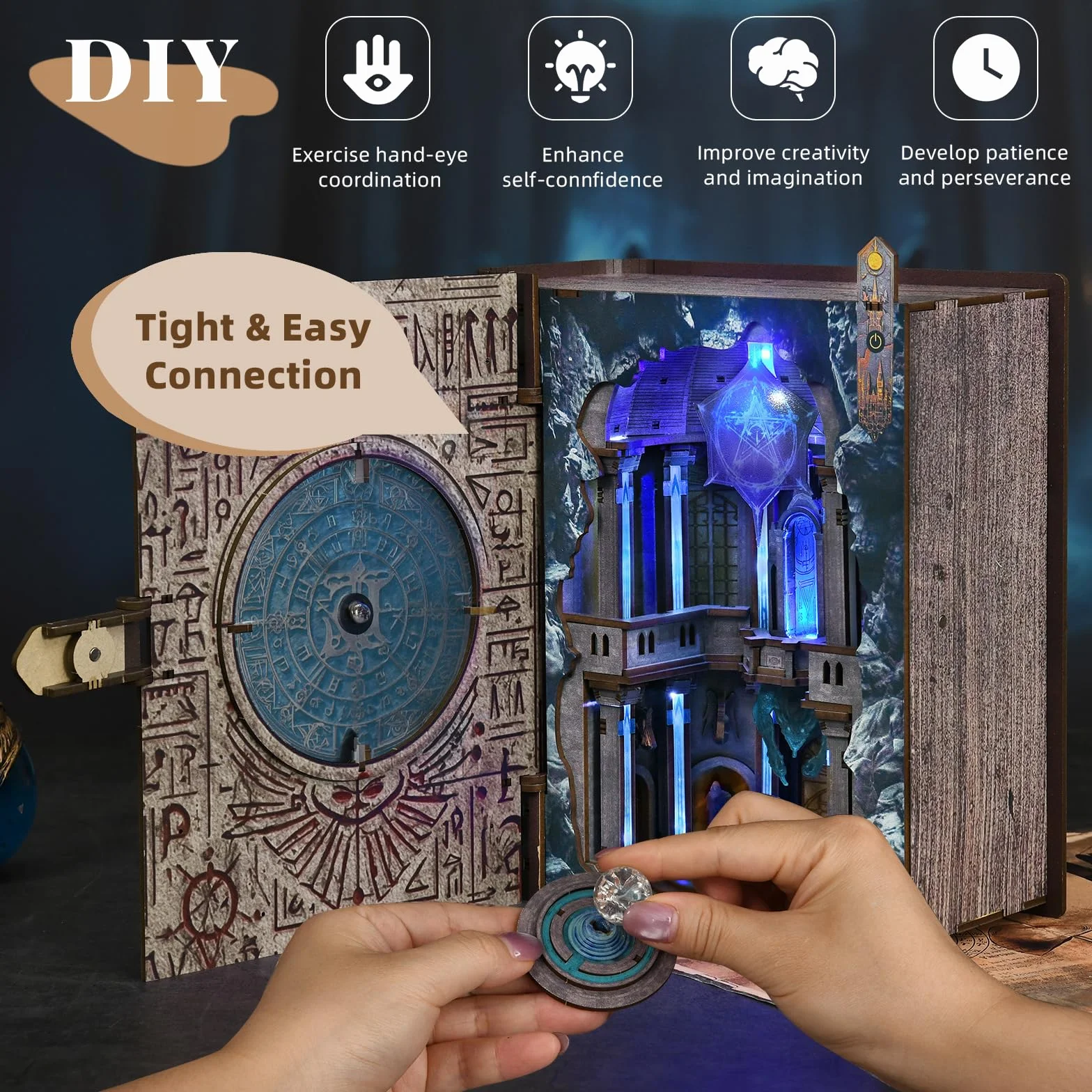 MiniCity Zestaw do budowy zakamarku książkowego dla dorosłych, puzzle z drewna DIY, miniaturowy dom 3D, dom lalek - podpórka do regału, dekoracja z oświetleniem LED, kreatywny prezent dla miłośników