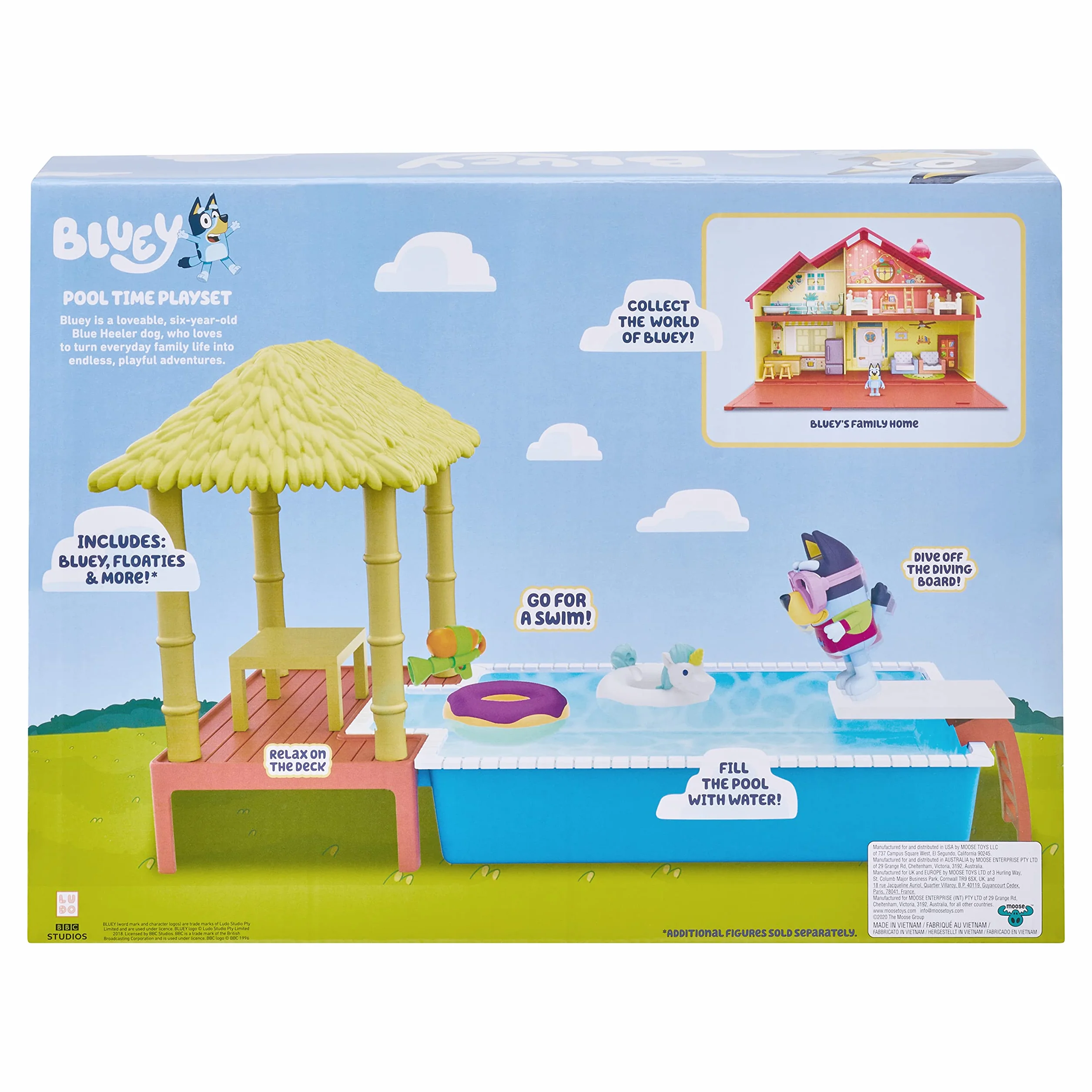 Bluey Pool Time Fun Playset: Bluey figure in Swim Suit, Pool with Diving Board and Deck and 4 Pool Accessories