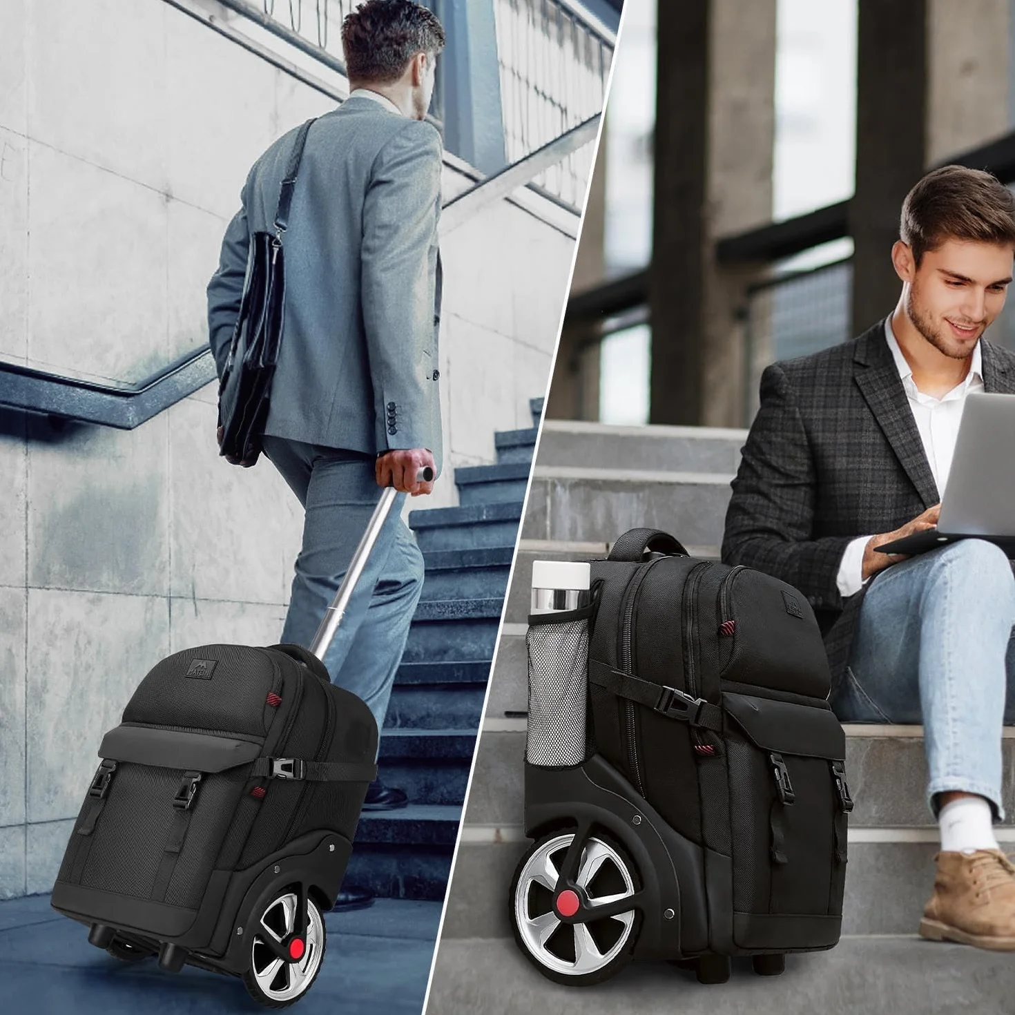MATEIN Trolley Plecak Z Rolkami, 17,3-Calowy Plecak PodróżNy Z DużYmi KółKami, 50-Litrowy Plecak PodróżNy Z KółKami, Zamkiem Szyfrowym, Wodoodporny Do PodróżY SłUżBowych, Czarny