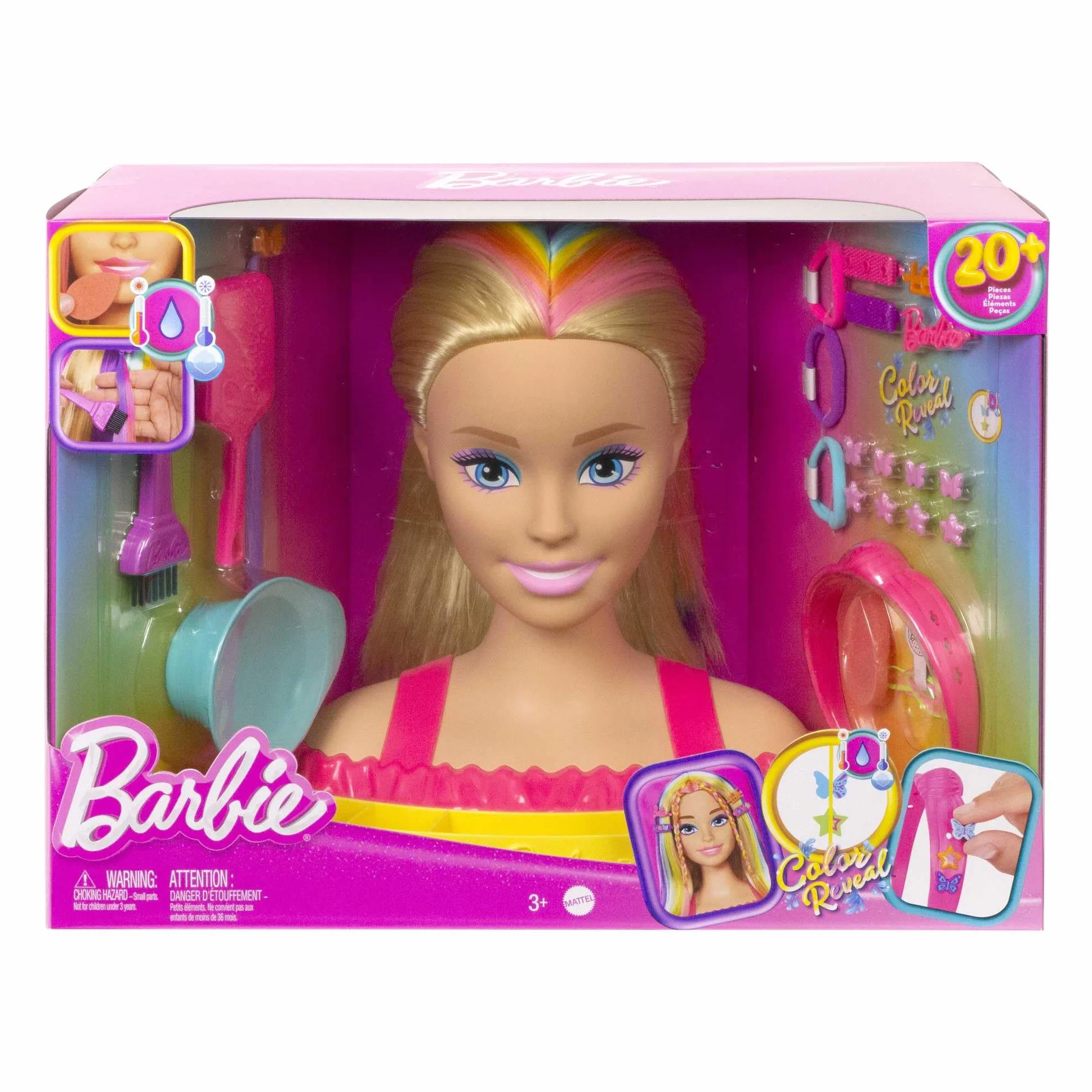 Barbie Totally Hair Głowa do stylizacji deluxe z prostymi blond i neonowo-tęczowymi włosami + akcesoria Color Reveal, HMD78
