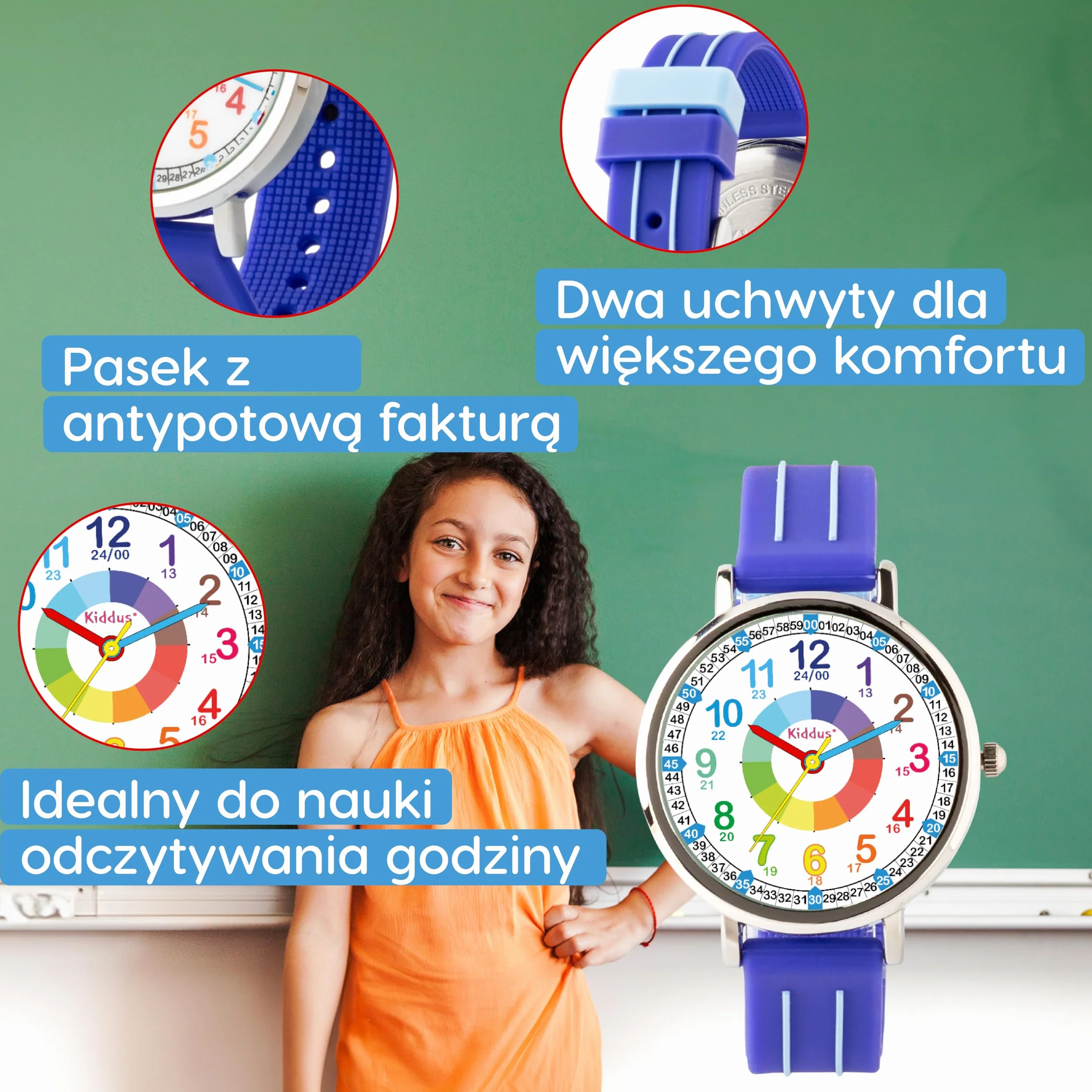 Kiddus Zegarek Edukacyjny Analogowy dla chłopca, dziewczynki. Naucz się Czytać Godzinę z naszym prostym systemem Time Teacher. Zawarte ćwiczenia. Mechanizm kwarcowy.