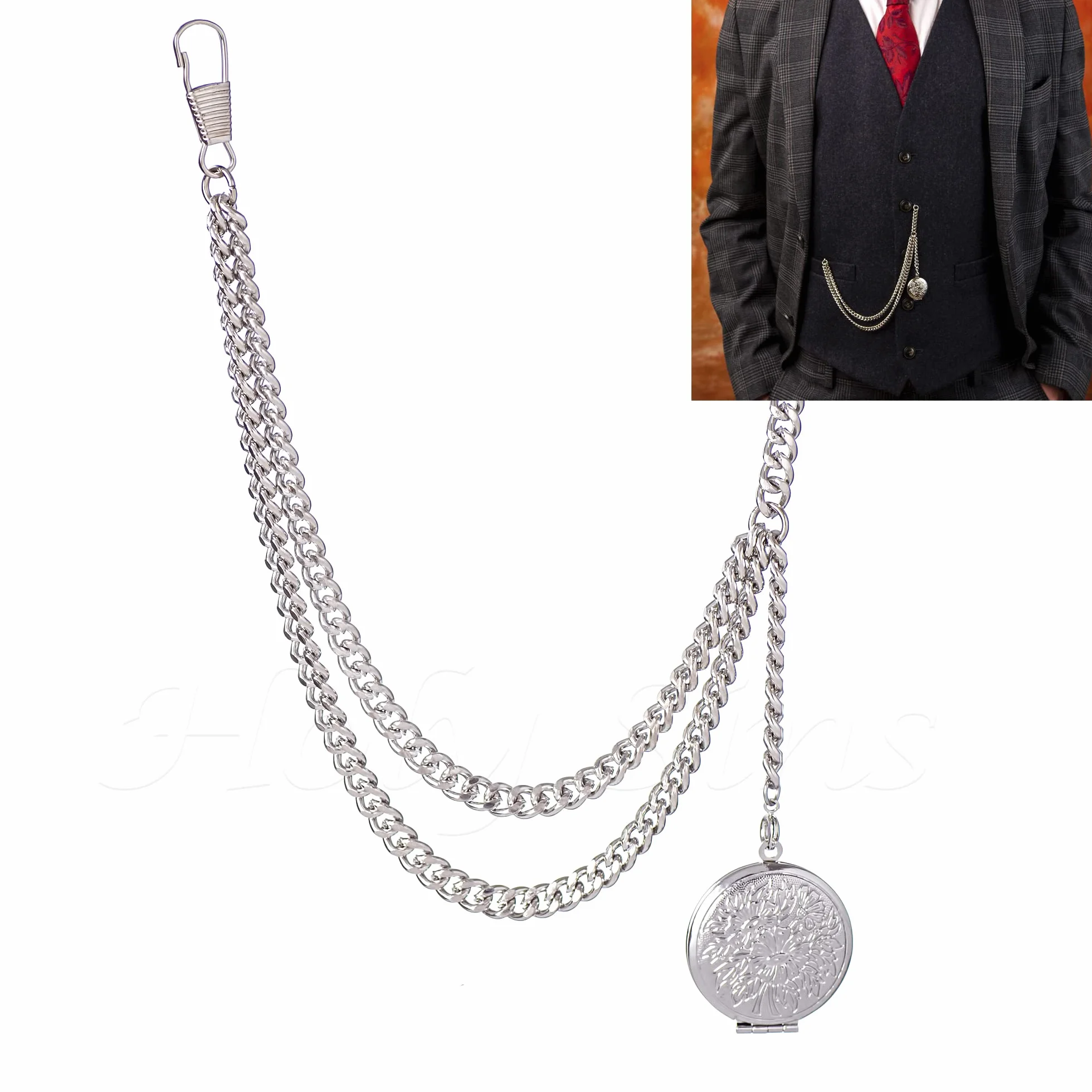 Albert Pocket Watch Chain Srebrny łańcuszek do zegarka kieszonkowego z medalionem na zdjęcie – klasyczny łańcuszek typu Albert z T-bar do kamizelki