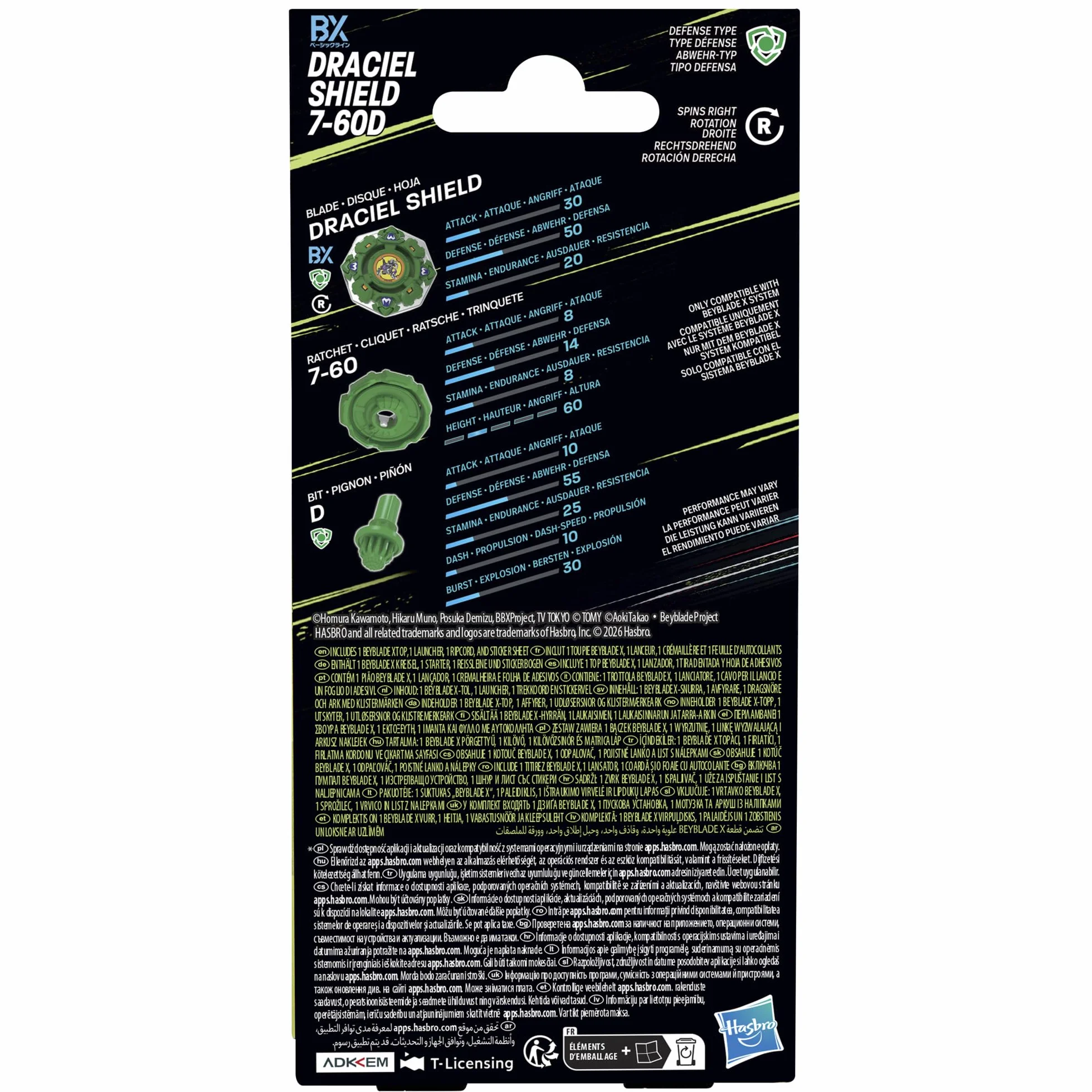 Pakiet Beyblade X X-Over Project Draciel Shield 7-60D z bączkiem Takara Tomy rodzaju: defensywa i wyrzutnią, zabawkowe bączki do gry bitewnej, wiek: od 8 lat