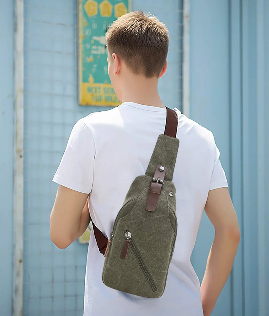 FANDARE Torba na ramię z otworem na słuchawki Student Outdoor Sport Przenośna wielofunkcyjna torba crossbody mężczyzna/kobieta odporne na zużycie płótno wojskowa zieleń, Zielony wojskowy, L