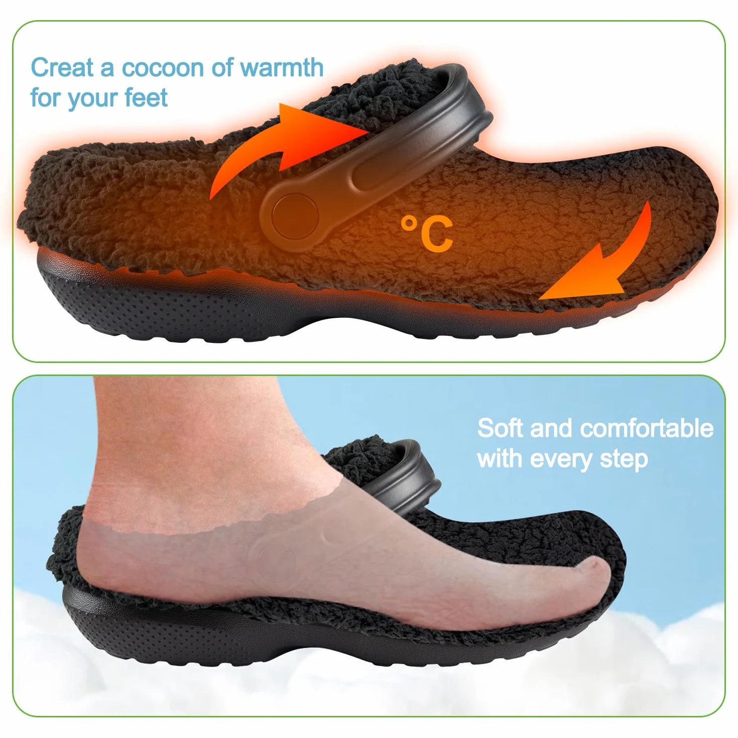 Endoto Wkładki do Crocs(Wersja Zimowa) Clog Butów, Zamiennik Wkladka Zamienne Pluszowa Podszewka Insoles Replacement Insert(Czarny)