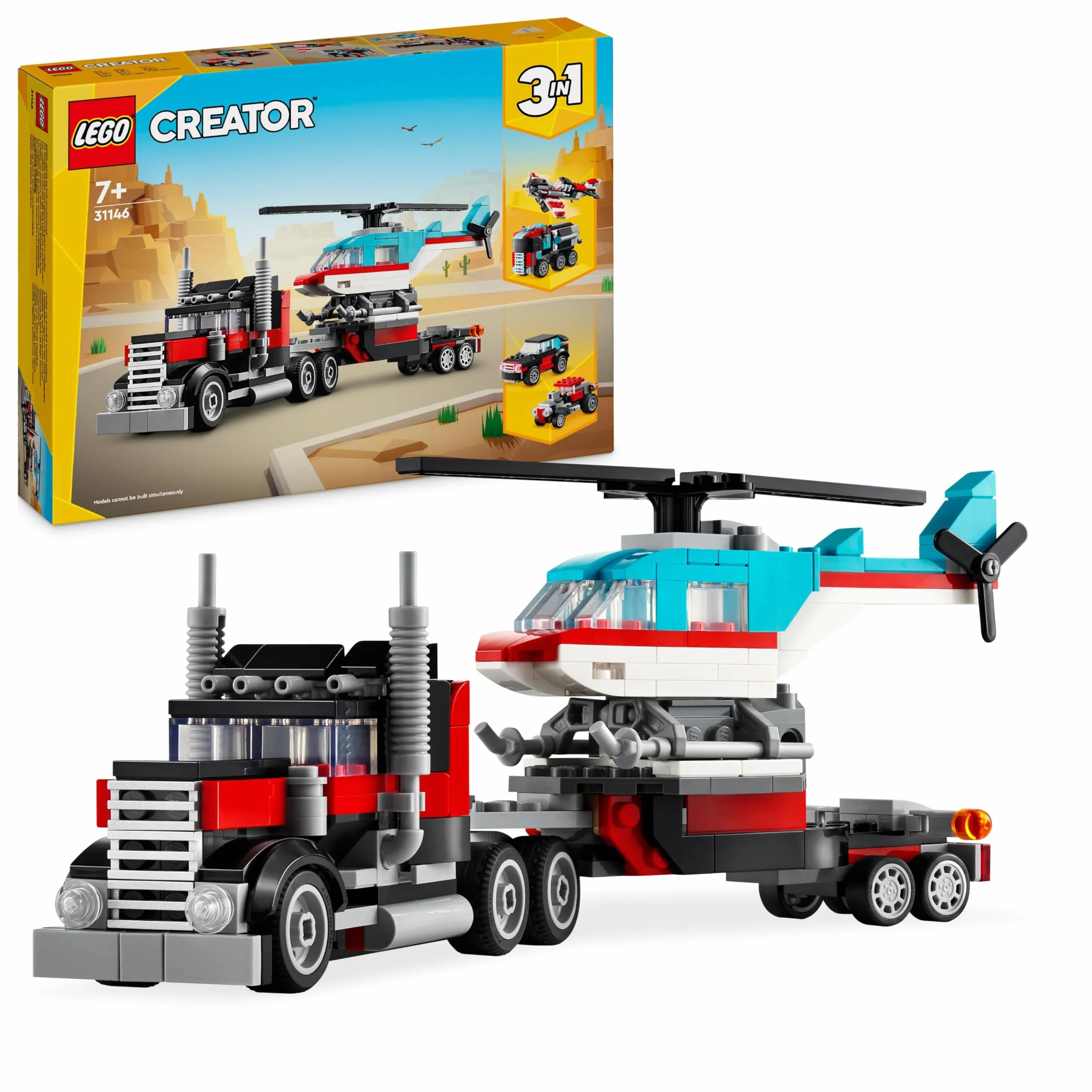 LEGO Creator 3w1 Ciężarówka z platformą i helikopterem do przebudowania na śmigłowiec i cysternę oraz w hot roda i SUV-a, zabawka i prezent dla dzieci, dla 7-latka, chłopca i dziewczynki, 31146