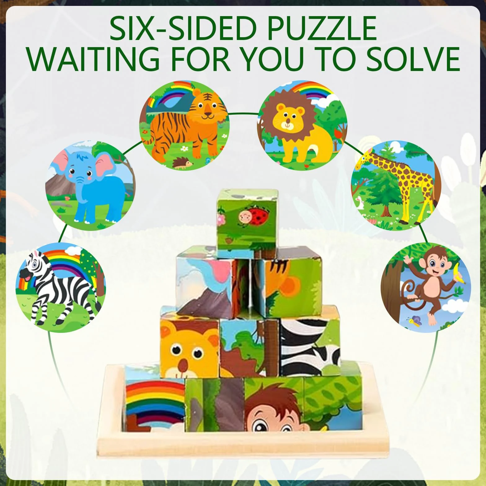Montessori puzzle drewniane, kostki obrazkowe 3D, puzzle 6 w 1, zabawka edukacyjna, drewniana zabawka dla dzieci od 1, 2, 3, 4 lat, Montessori układanie w stos dla dzieci, chłopców i dziewczynek