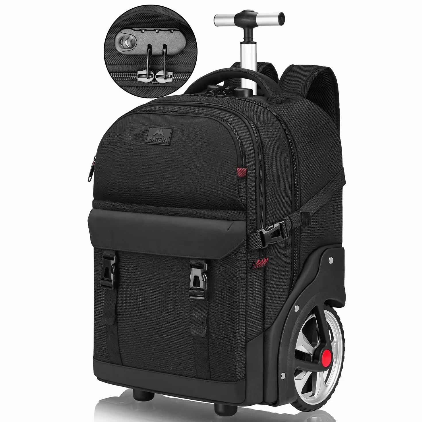 MATEIN Trolley Plecak Z Rolkami, 17,3-Calowy Plecak PodróżNy Z DużYmi KółKami, 50-Litrowy Plecak PodróżNy Z KółKami, Zamkiem Szyfrowym, Wodoodporny Do PodróżY SłUżBowych, Czarny