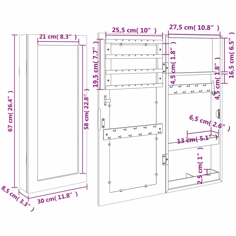 vidaXL Wisząca szafka na biżuterię, z lustrem, biała, 30x8,5x67 cm, lustro podświetlane, szafka łazienkowa z lustrem, szafka łazienkowa z lustrem i oświetleniem