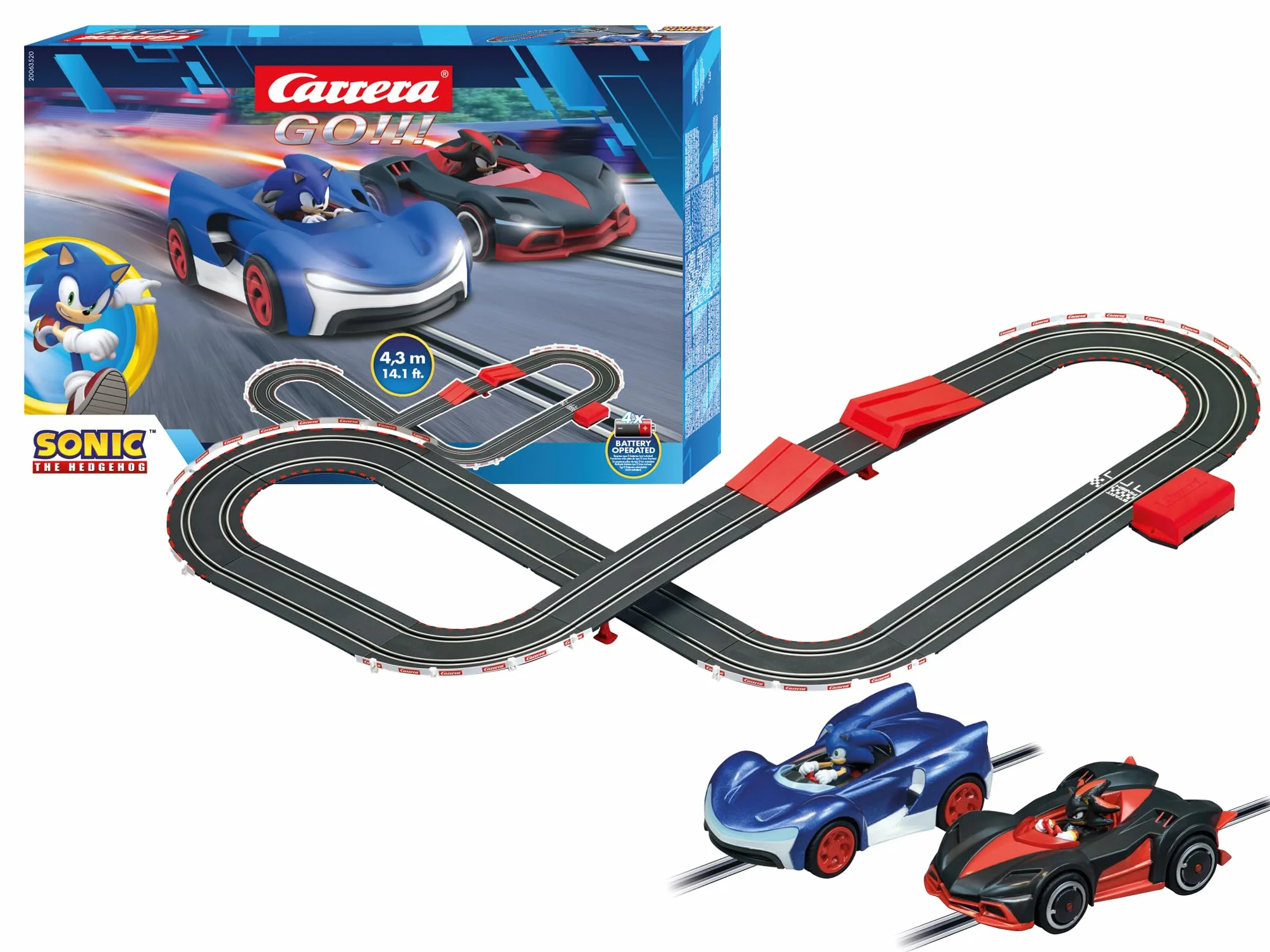 Carrera 20063520 Jeż Sonic tor wyścigowy zasilany bateryjnie pełen akcji wyścig Jeża Sonica z Shadowem z Jumping Hill oficjalna licencja SEGA Jeż Sonic