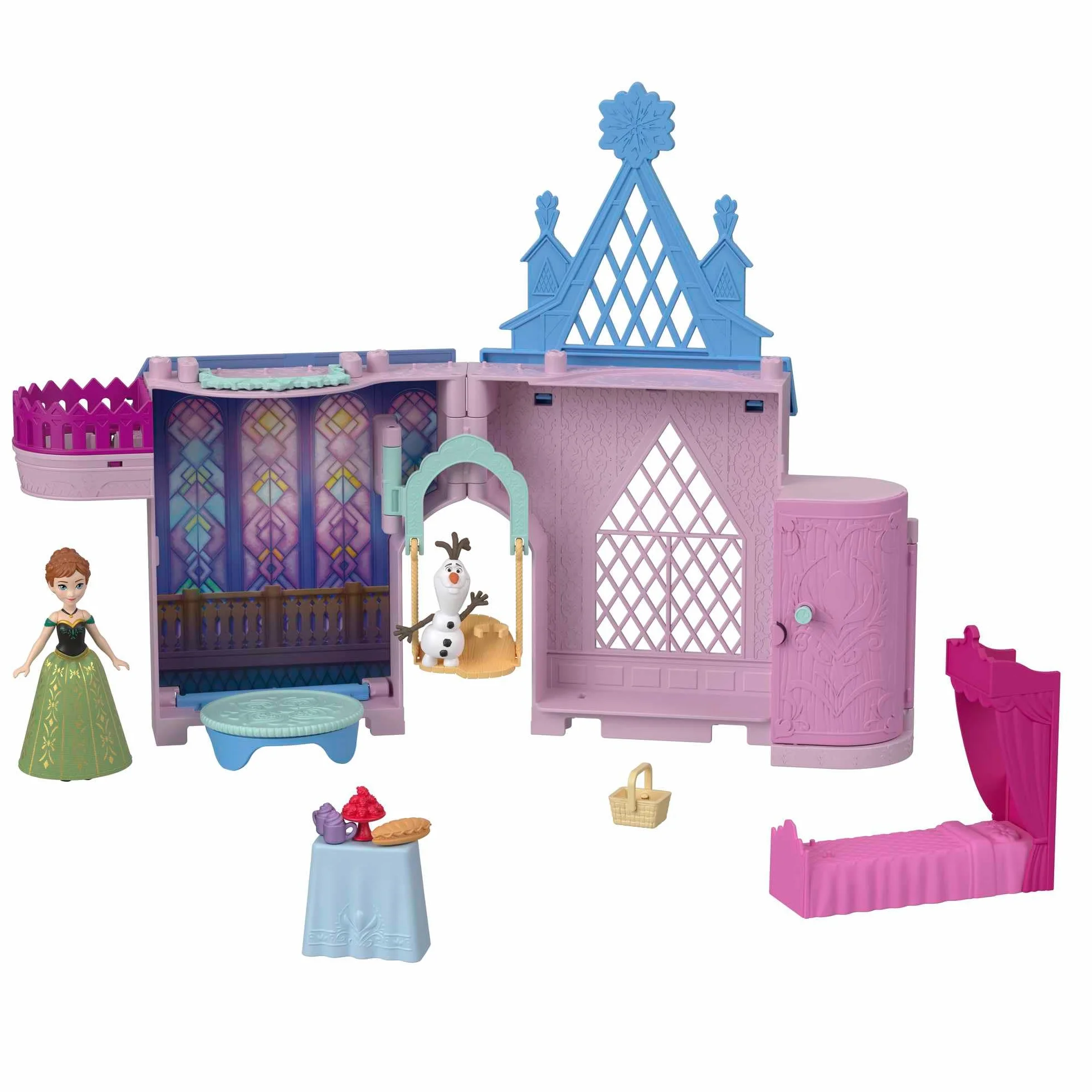 Mattel Disney Kraina Lodu w Arendelle Castle Anna Arendelle zestaw modułowy z mini lalką z postacią Olaf i 7 akcesoriami, zabawka dla dzieci w wieku 3+ lat, nowa odmiana, JDP65