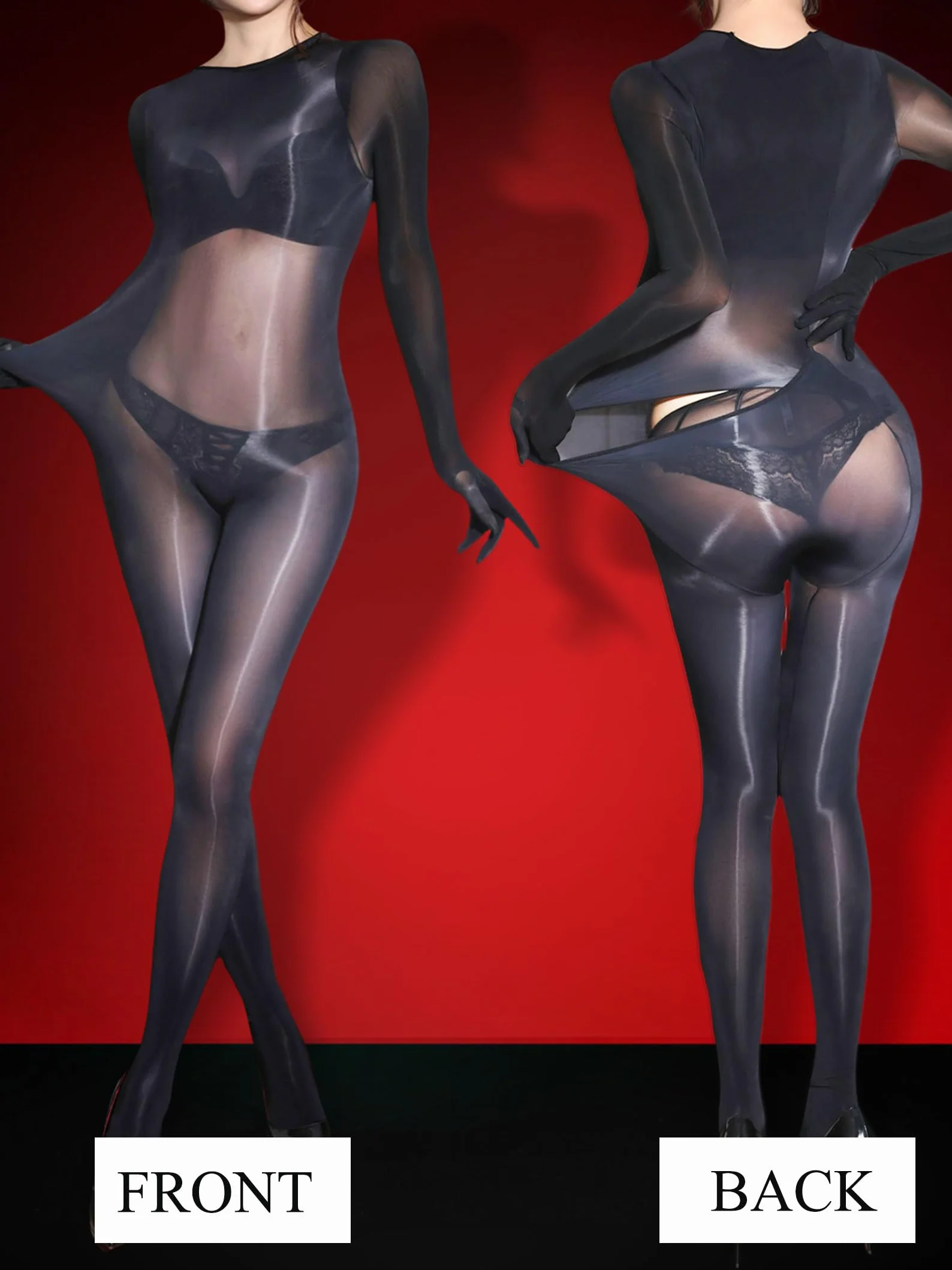 HTRUIYATY Bodystocking z długim rękawem seksowny kombinezon damski nylon bielizna przezroczysty strój rajstopy