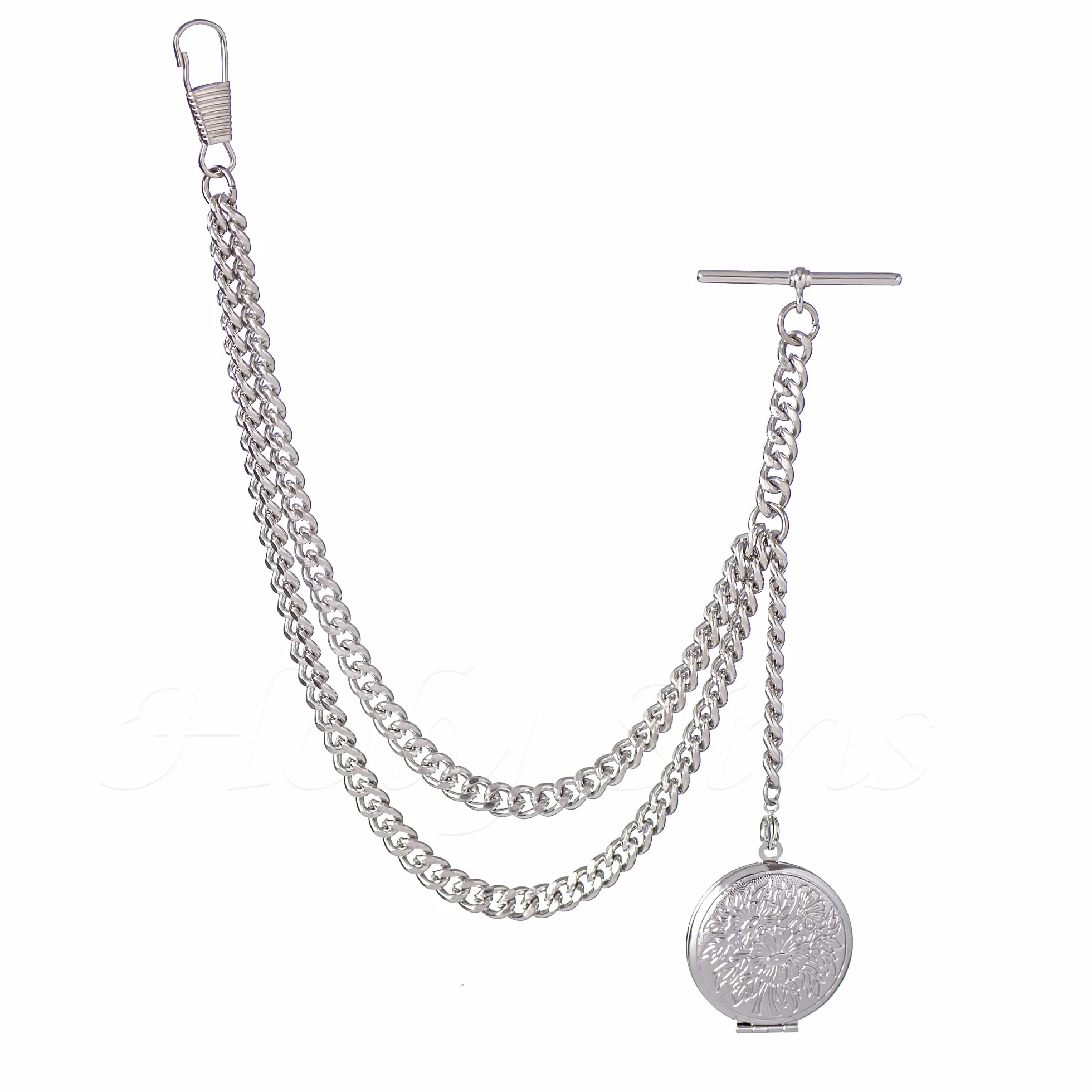 Albert Pocket Watch Chain Srebrny łańcuszek do zegarka kieszonkowego z medalionem na zdjęcie – klasyczny łańcuszek typu Albert z T-bar do kamizelki