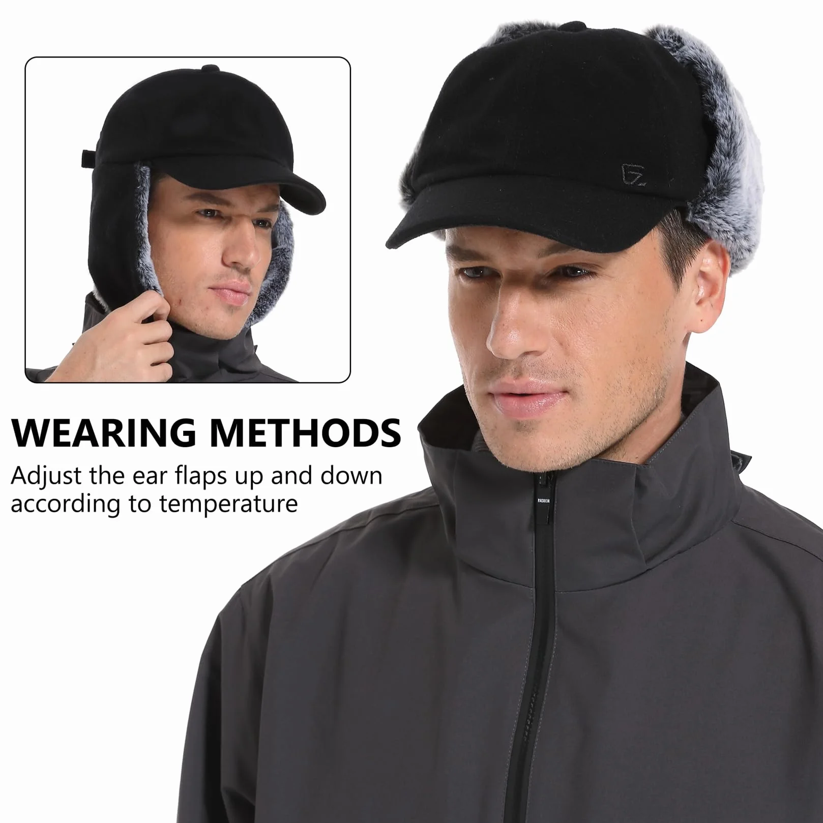 GADIEMKENSD Zimowa wełniana czapka baseballowa unisex z klapkami na uszy ze sztucznego futra, czapka traperska z odblaskową linią
