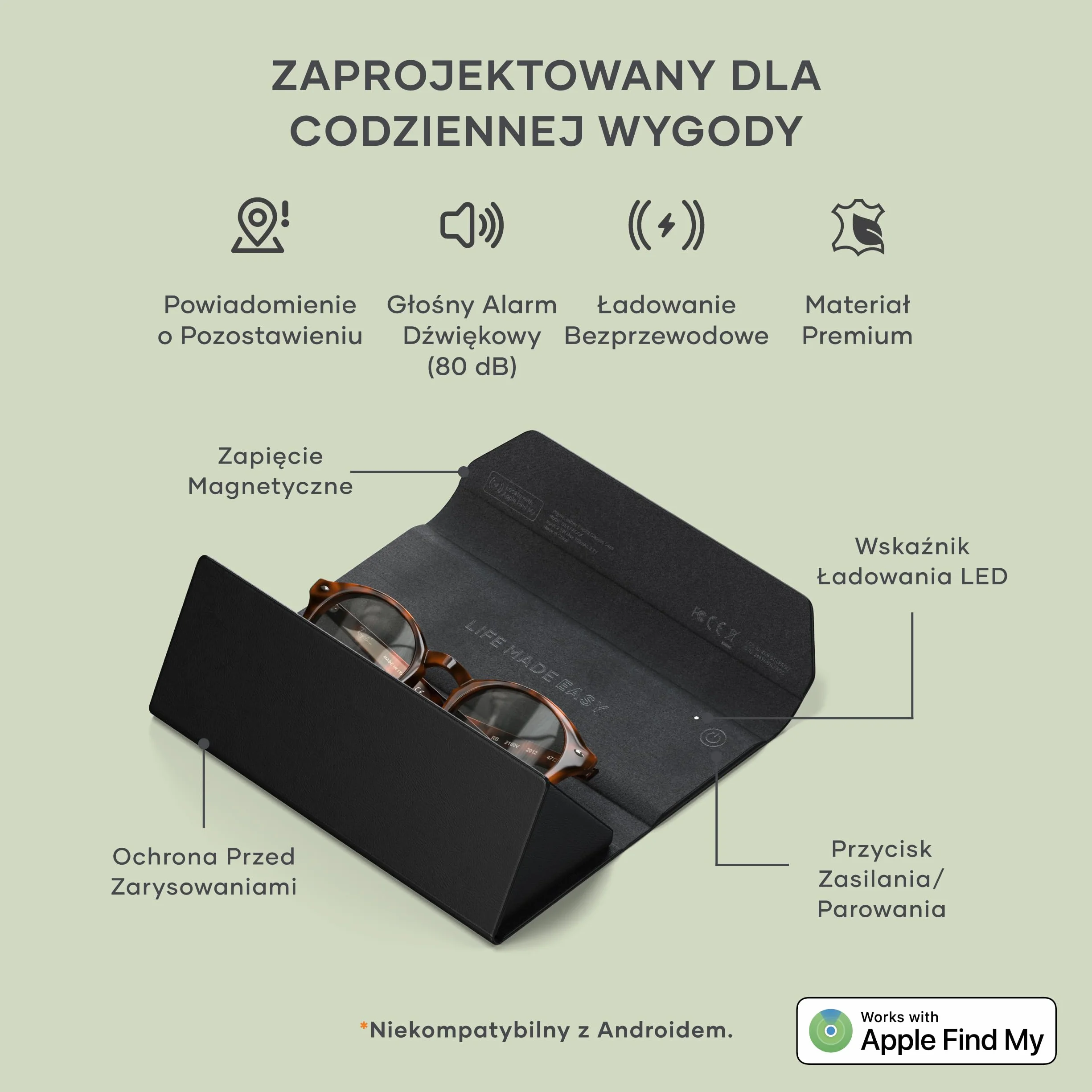 SATECHI FindAll Etui na Inteligentne Okulary Kompatybilne Z Aplikacją Apple Find My, Składane I Przenośne, Ładowane Bezprzewodowo, Z Alarmem Dźwiękowym, Do Wszystkich Rodzajów Okularów