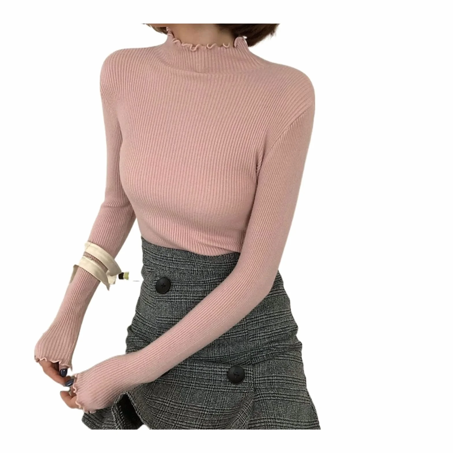 Damskie kardigany Fall Winter Ruffles Sweater Turtleneck Ruched Women Sweaters High Elastic Solid Female Slim Sexy Knitted Pullovers(Pink)
