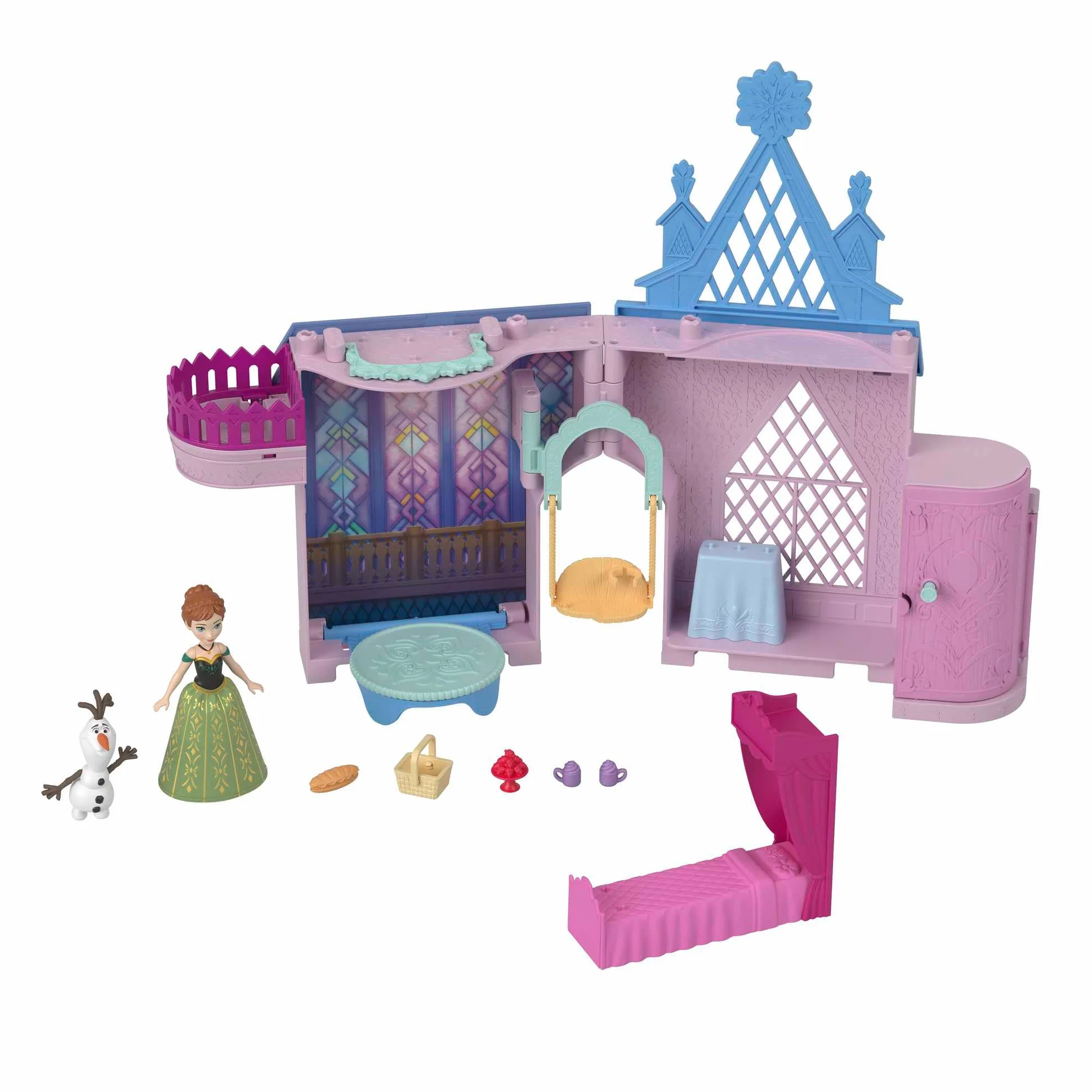 Mattel Disney Kraina Lodu w Arendelle Castle Anna Arendelle zestaw modułowy z mini lalką z postacią Olaf i 7 akcesoriami, zabawka dla dzieci w wieku 3+ lat, nowa odmiana, JDP65