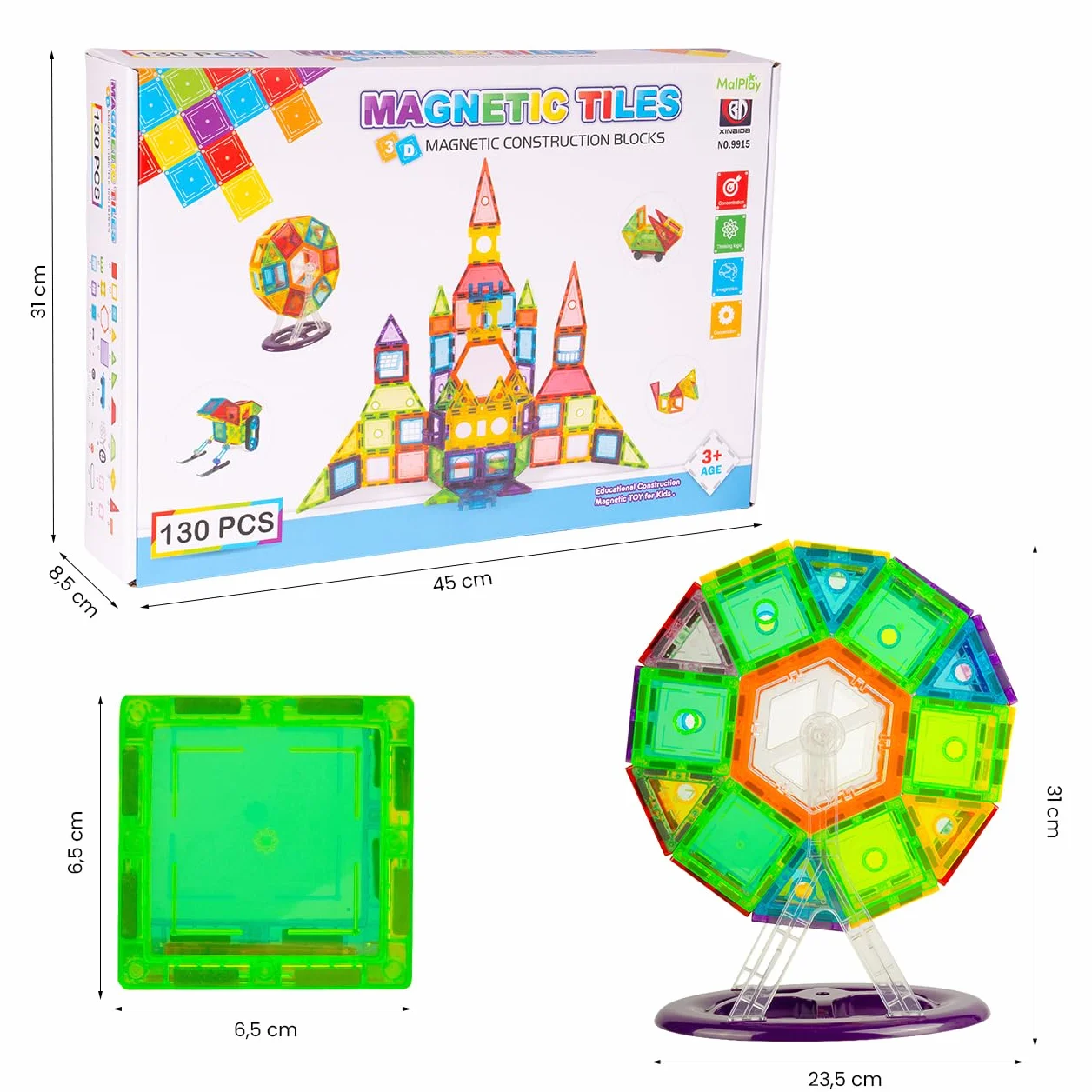 MalPlay Magnetyczne klocki, puzzle, zabawki konstrukcyjne dla dzieci, 130 sztuk, prezent od 3 lat